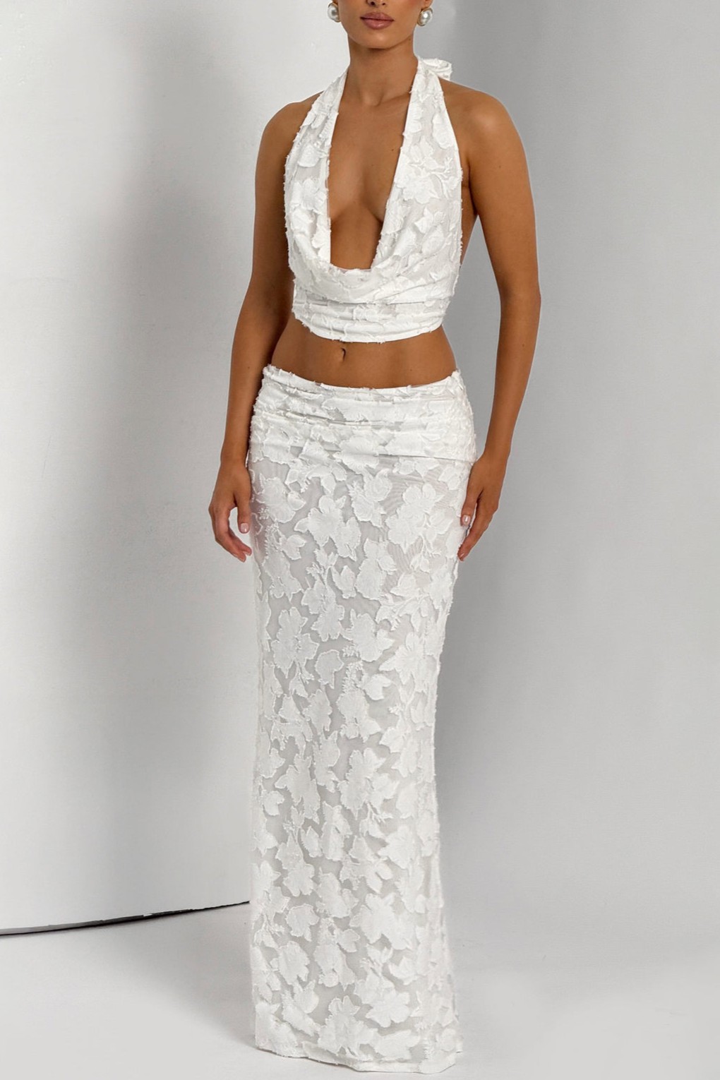 Burn-Out Tie-Up Halter Neck Top & Mid Waist Midi Skirt Set