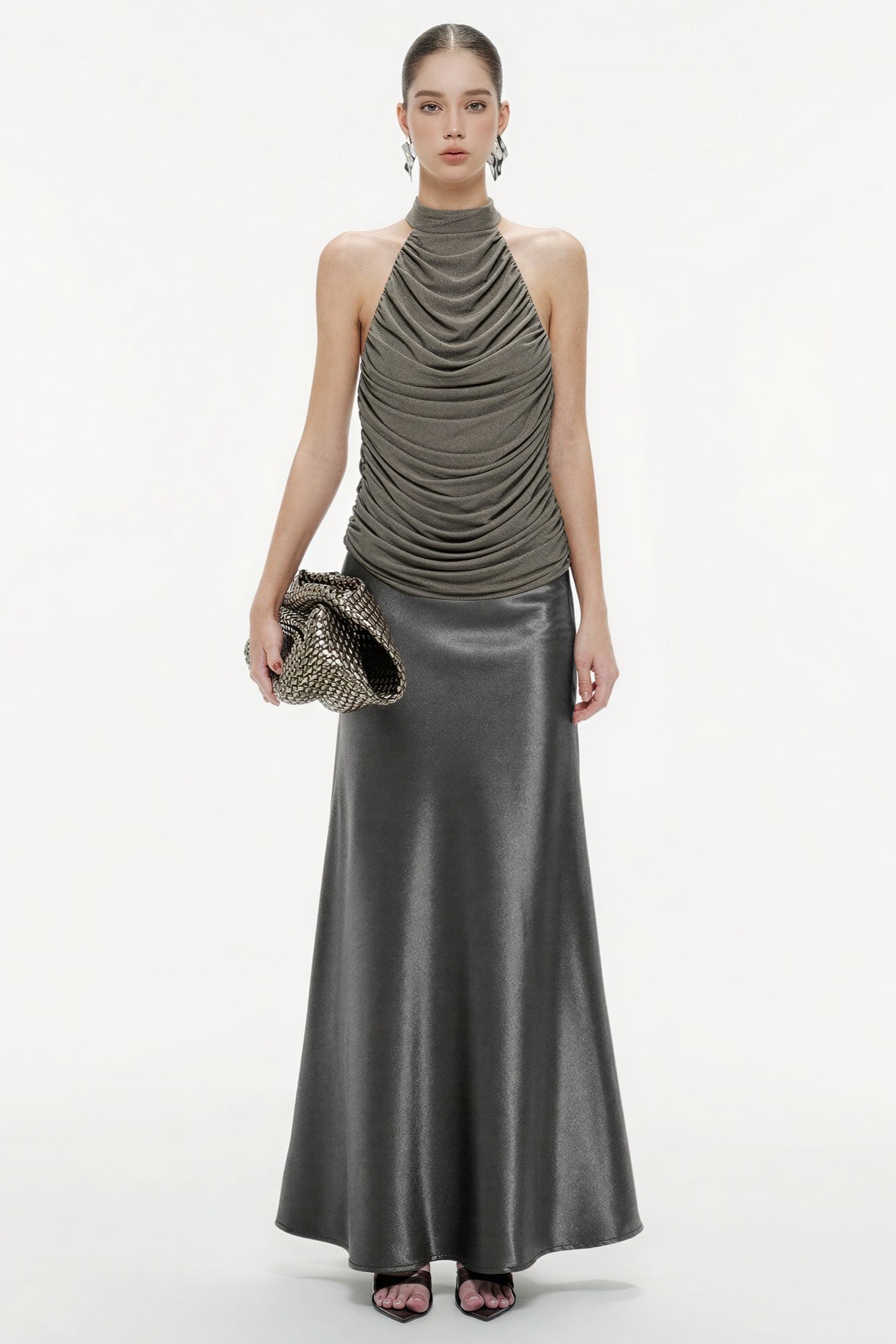 Jersey Gathering Top & Satin Mid Waist Maxi Skirt Set