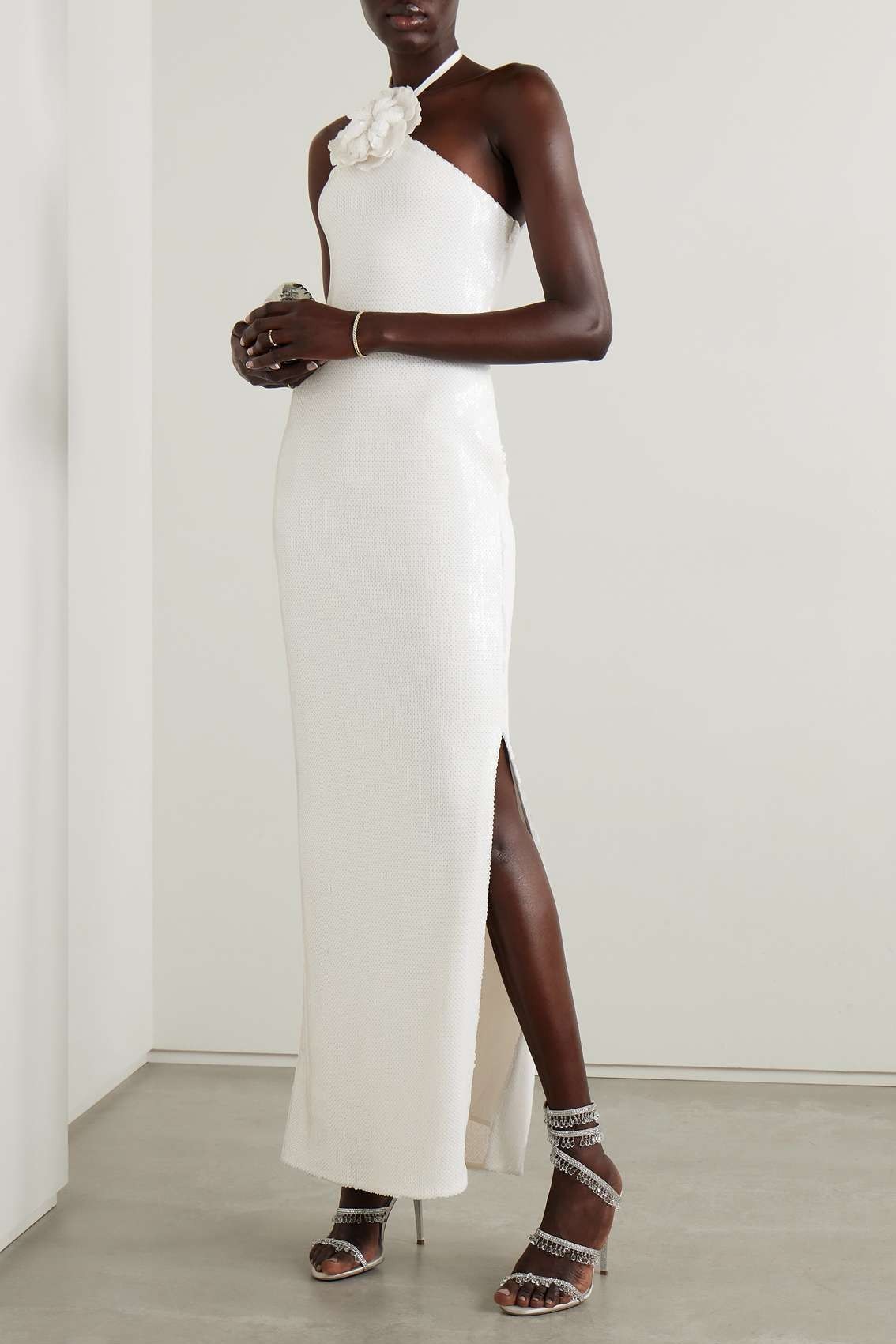 Sequin 3D Flower Halter Neck Maxi Dress