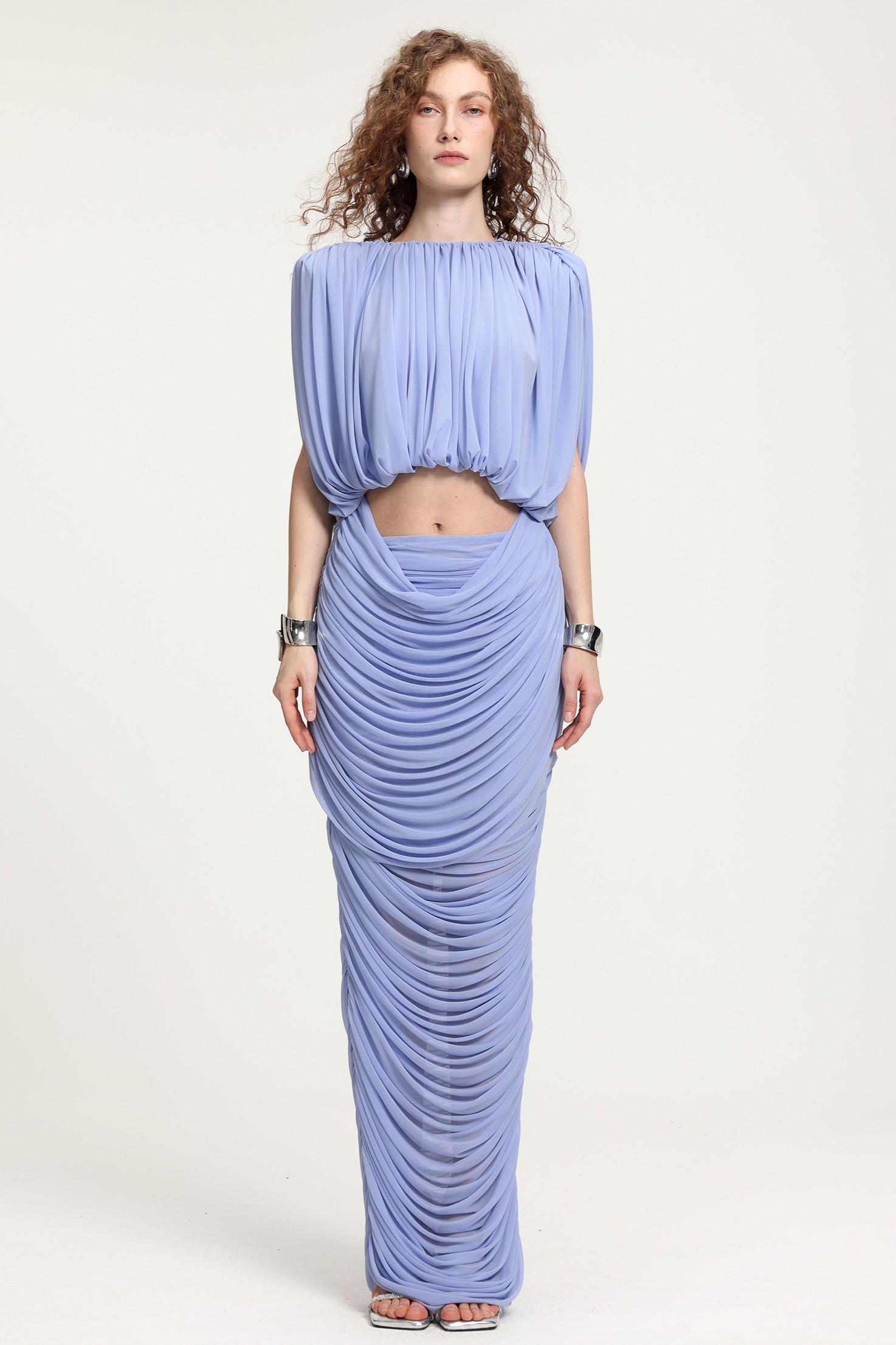 Mesh Gathering Cut-out Top & Midi Skirt Set