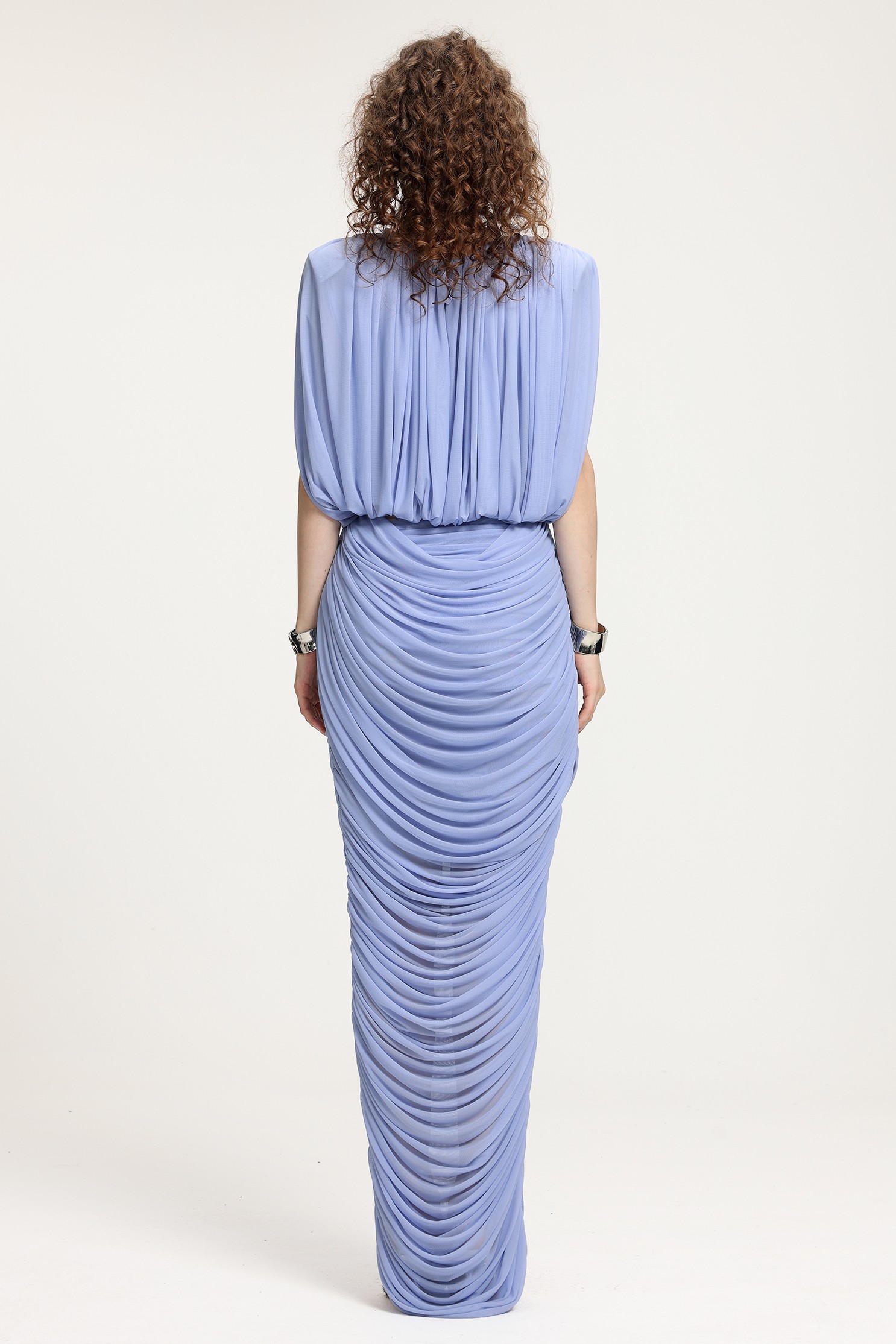 Mesh Gathering Cut-out Top & Midi Skirt Set