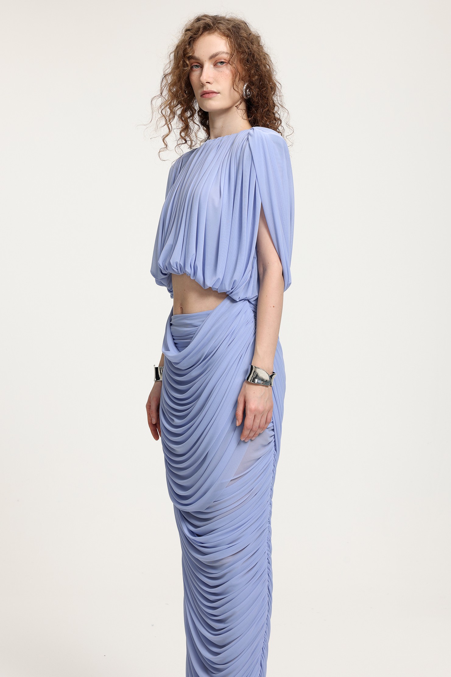 Mesh Gathering Cut-out Top & Midi Skirt Set