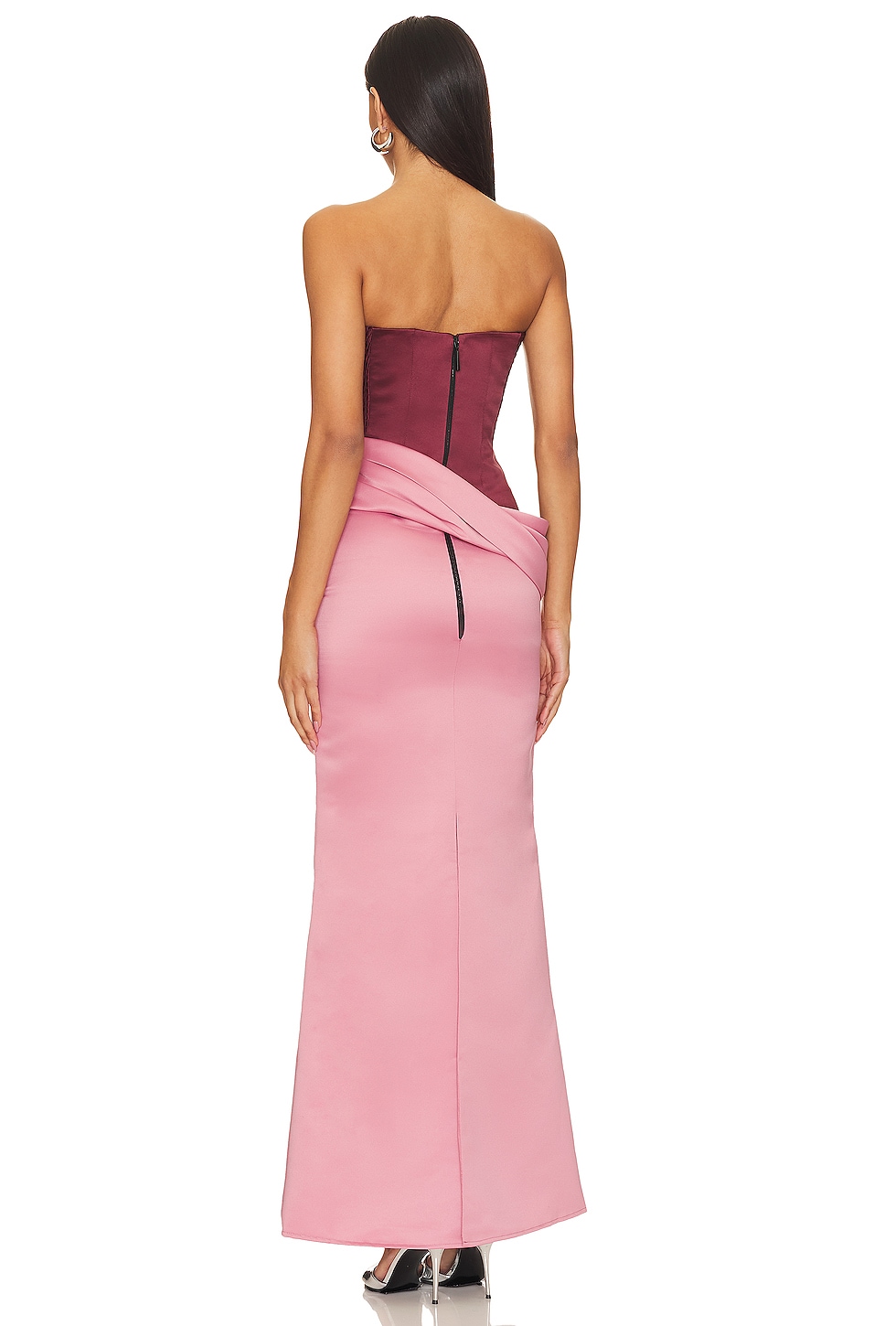 Satin Contrast Color Off Shoulder Maxi Dress