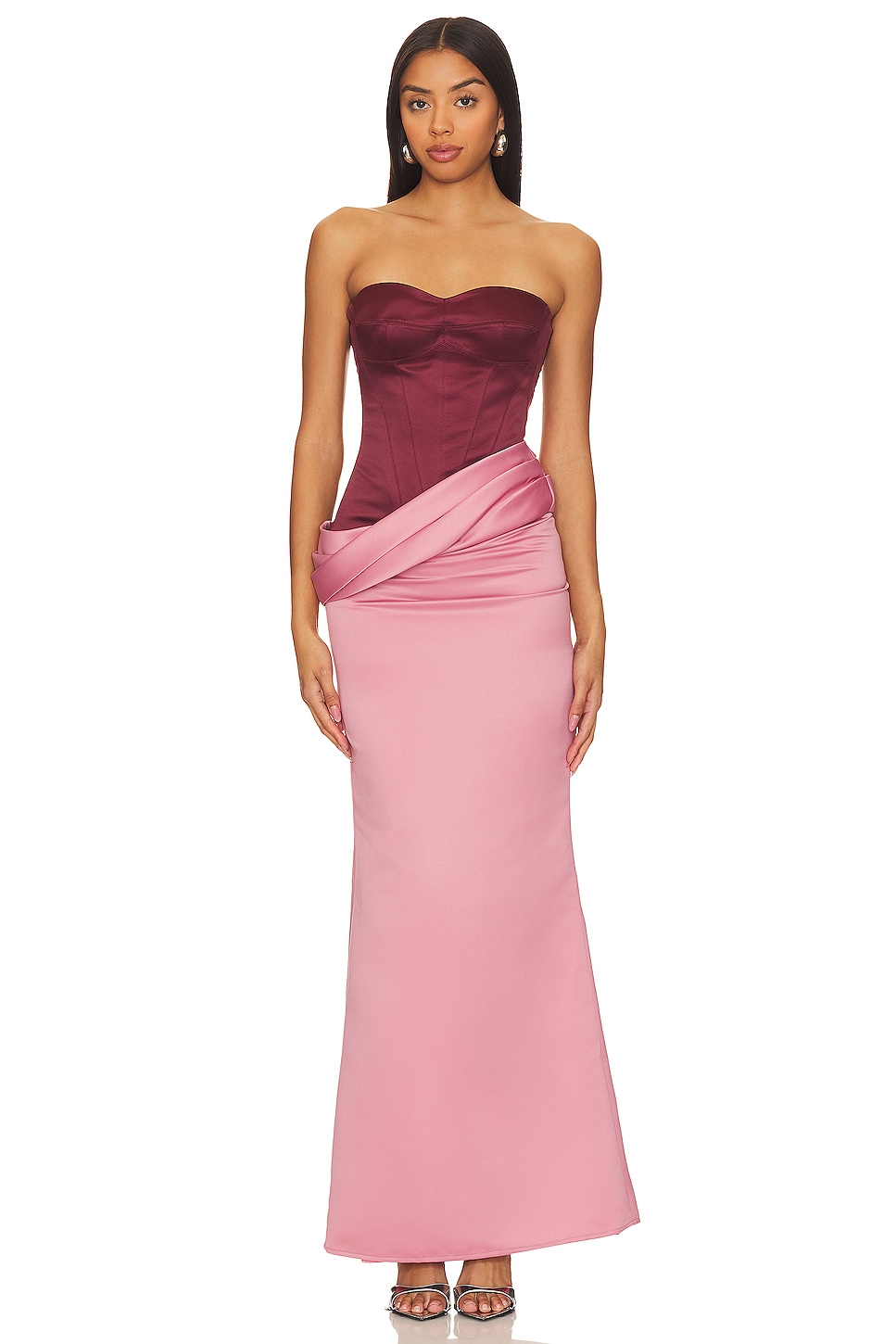Satin Contrast Color Off Shoulder Maxi Dress
