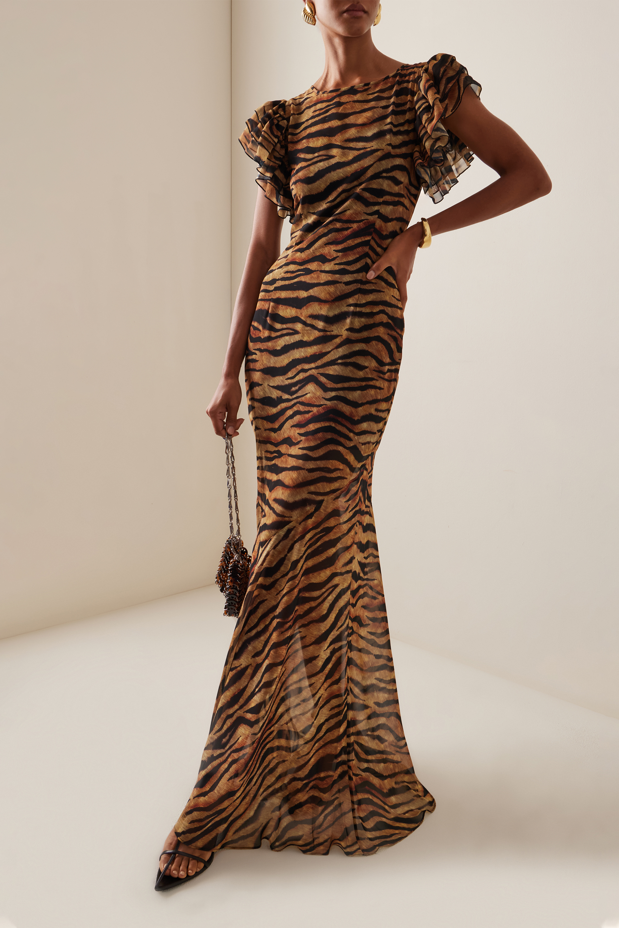 Leopard Print Mesh See-Through Maxi Dress