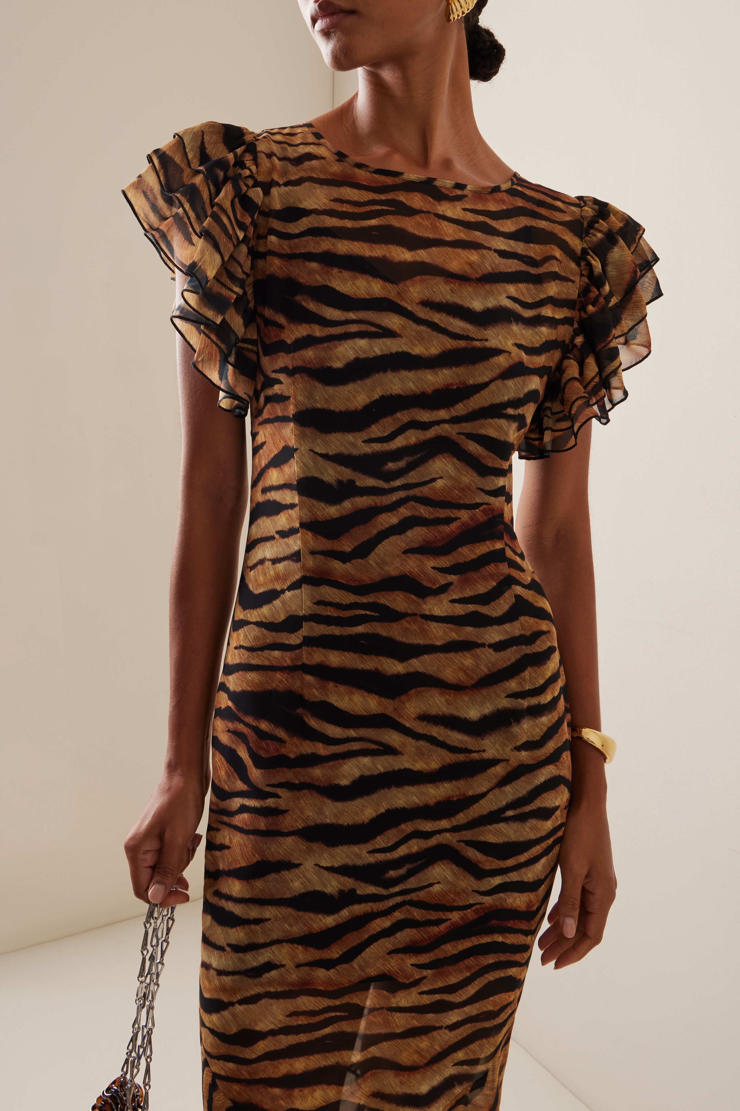 Leopard Print Mesh See-Through Maxi Dress