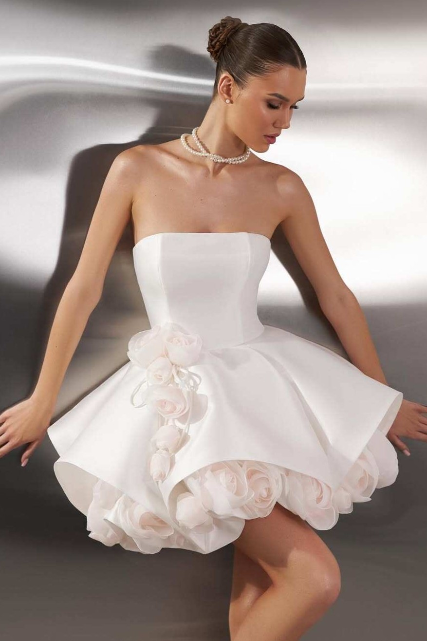 Satin Off Shoulder 3D Flower Mini Dress