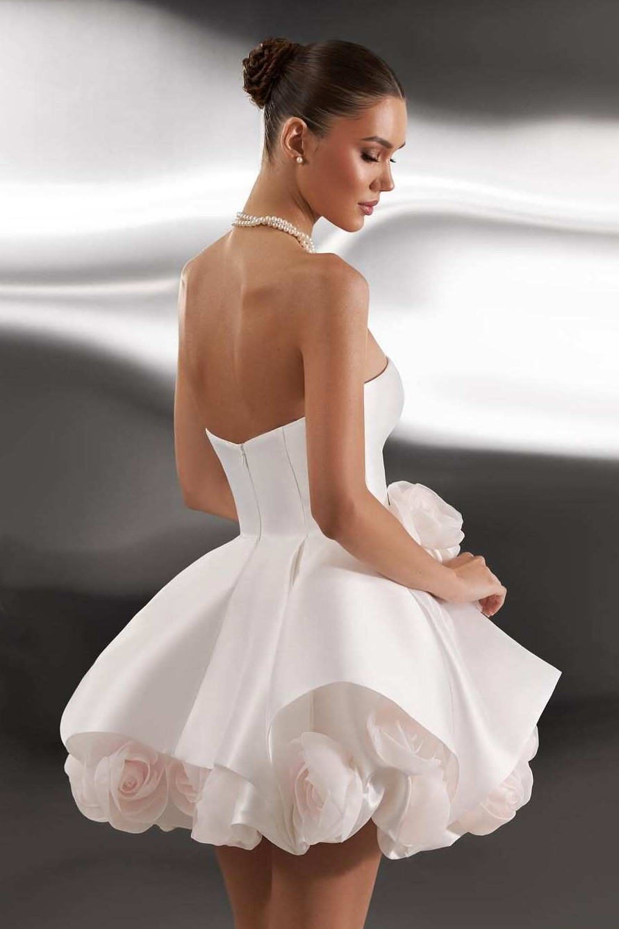 Satin Off Shoulder 3D Flower Mini Dress