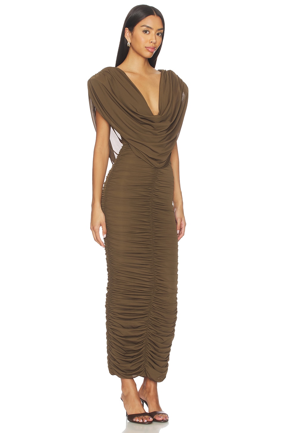 Cowl Neck Ruched  Sleeveless Midi Dress