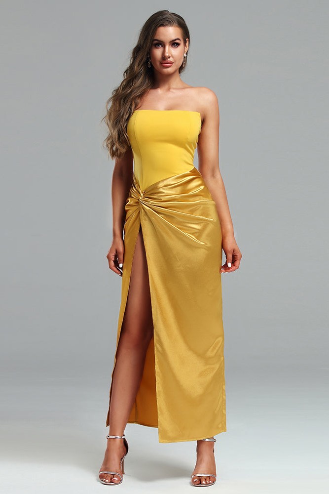 Jersey Splicing Satin Knotted Slit Midi Dress