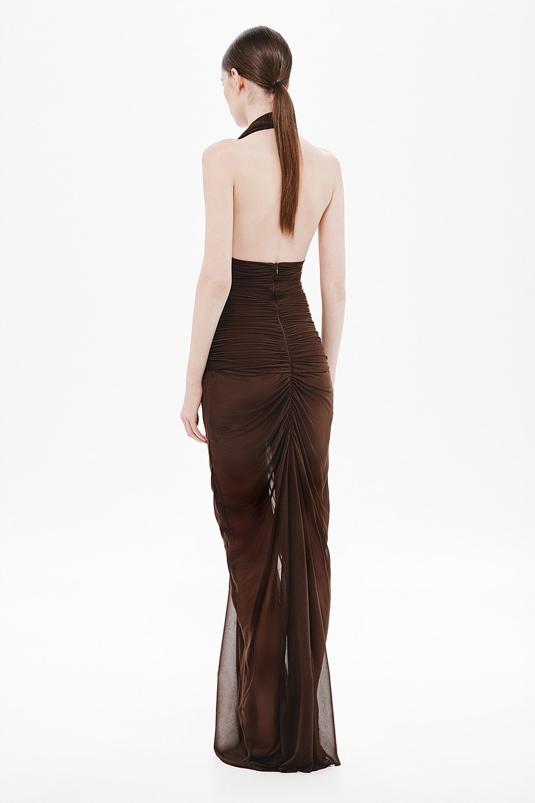 Mesh Halter Neck Decorative Rope Gathering Maxi Dress