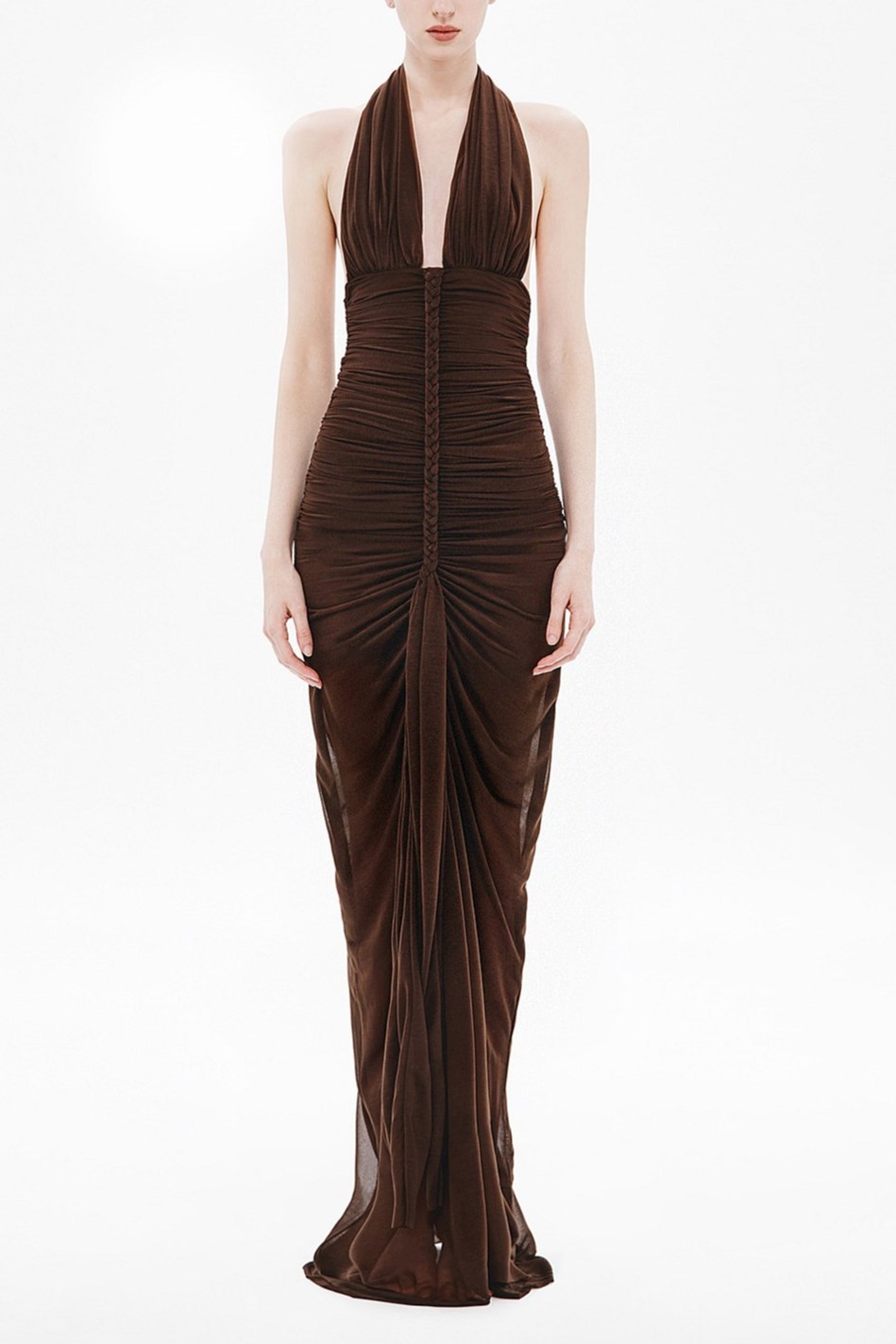 Mesh Halter Neck Decorative Rope Gathering Maxi Dress