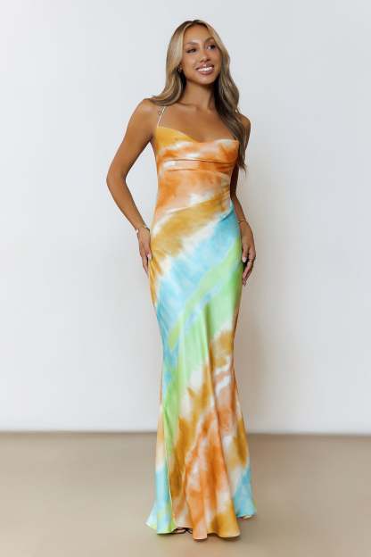 Tie Dye Halter Neck Swing Collar Maxi Dress