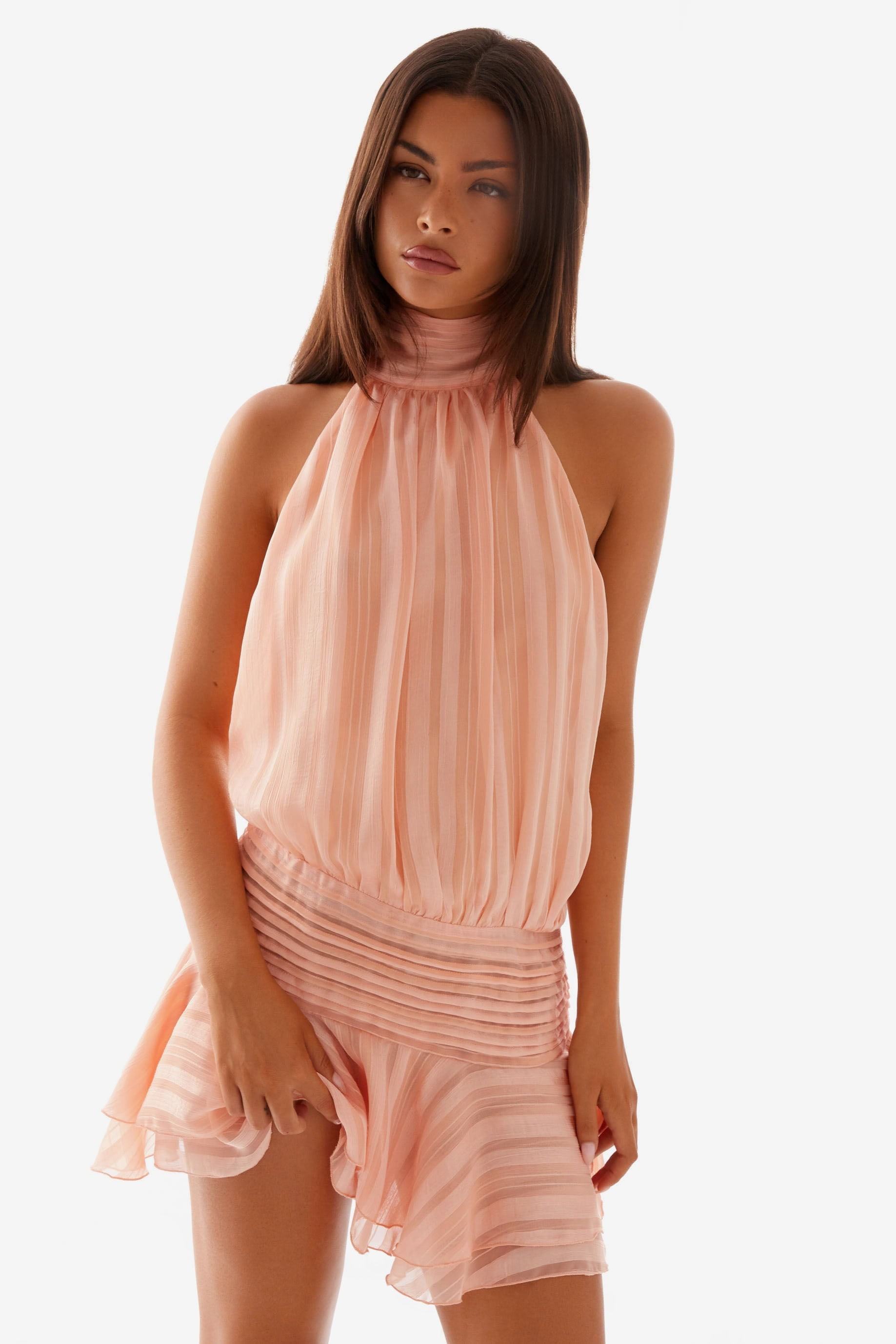 Chiffon  Pleated Halter Neck Mini Dress