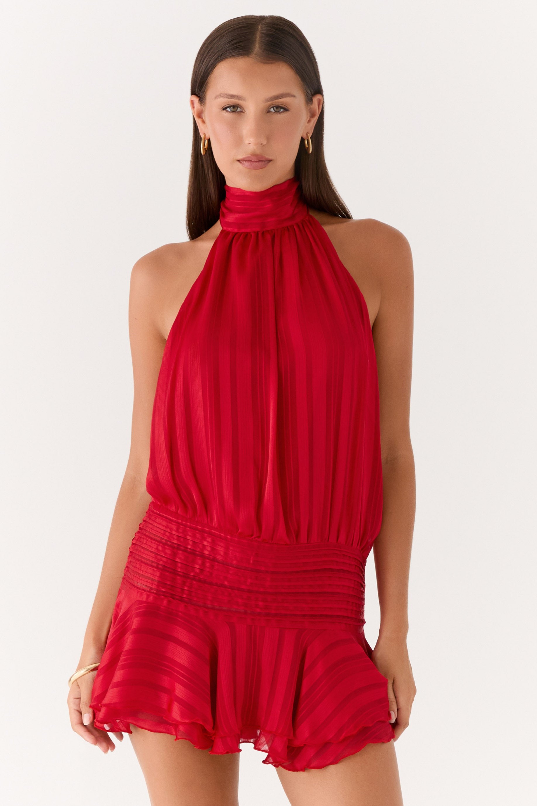 Chiffon  Pleated Halter Neck Mini Dress
