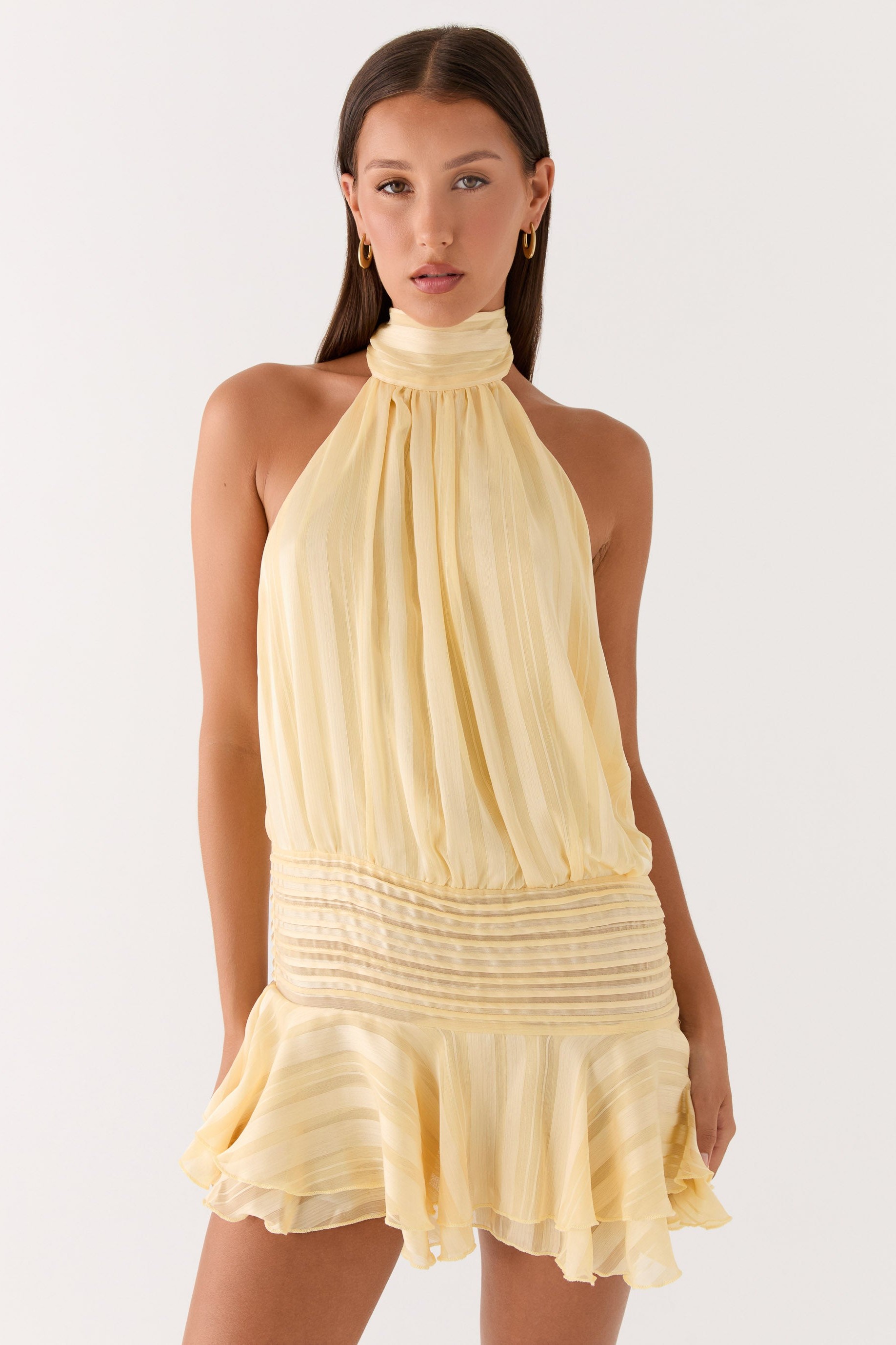 Chiffon  Pleated Halter Neck Mini Dress