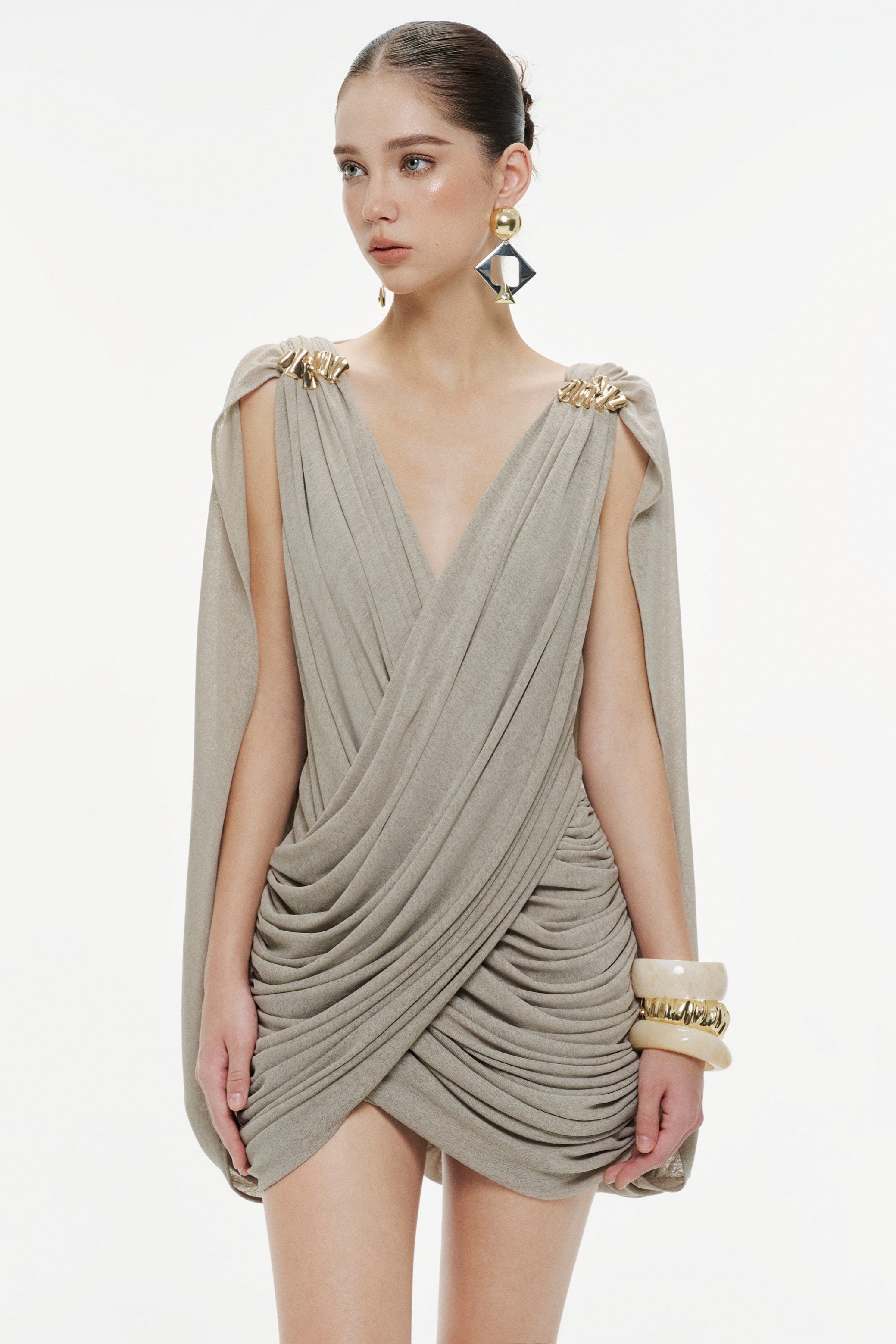 Jersey Gathering Metal Decorations  Mini Dress With Gloves