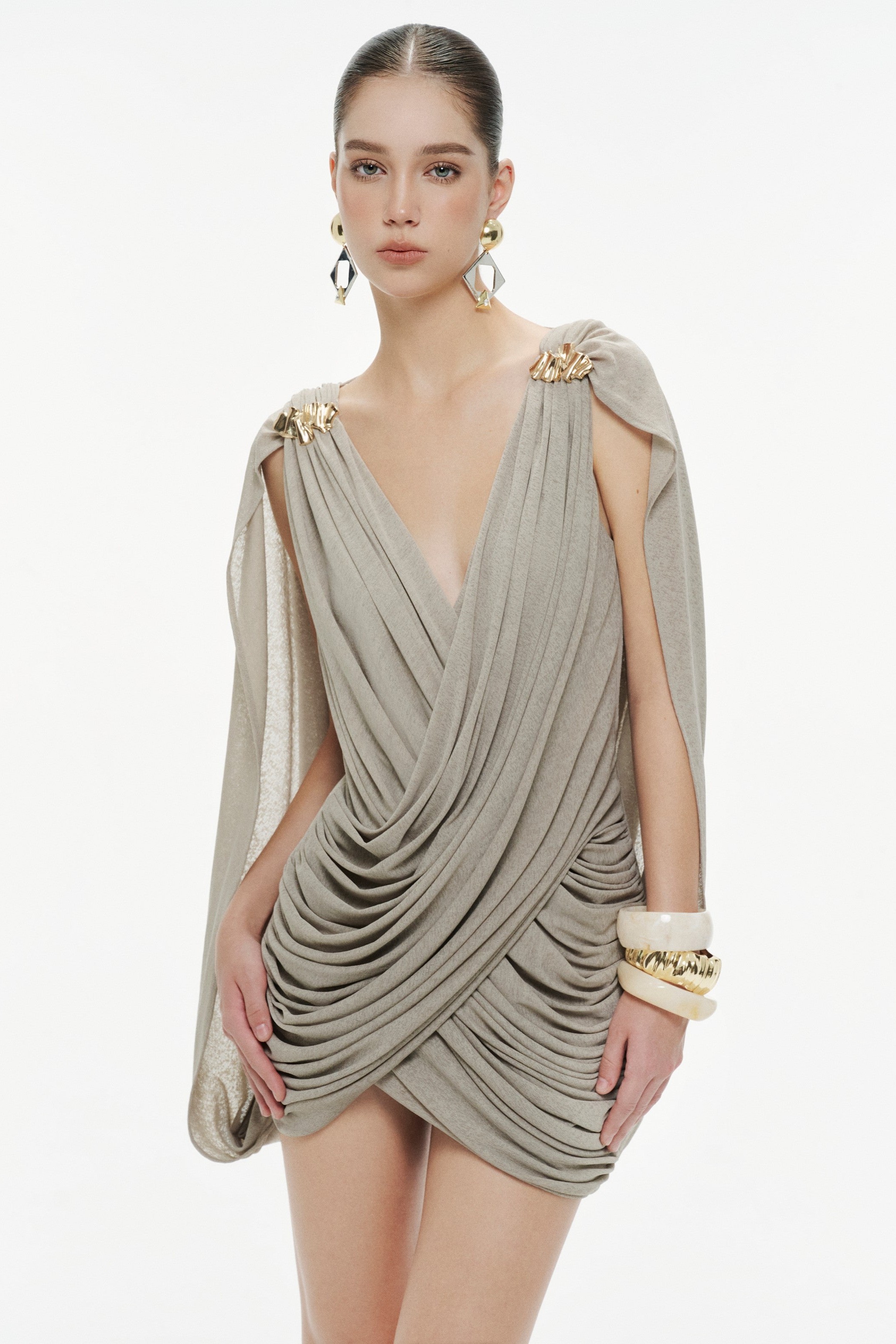 Jersey Gathering Metal Decorations  Mini Dress With Gloves