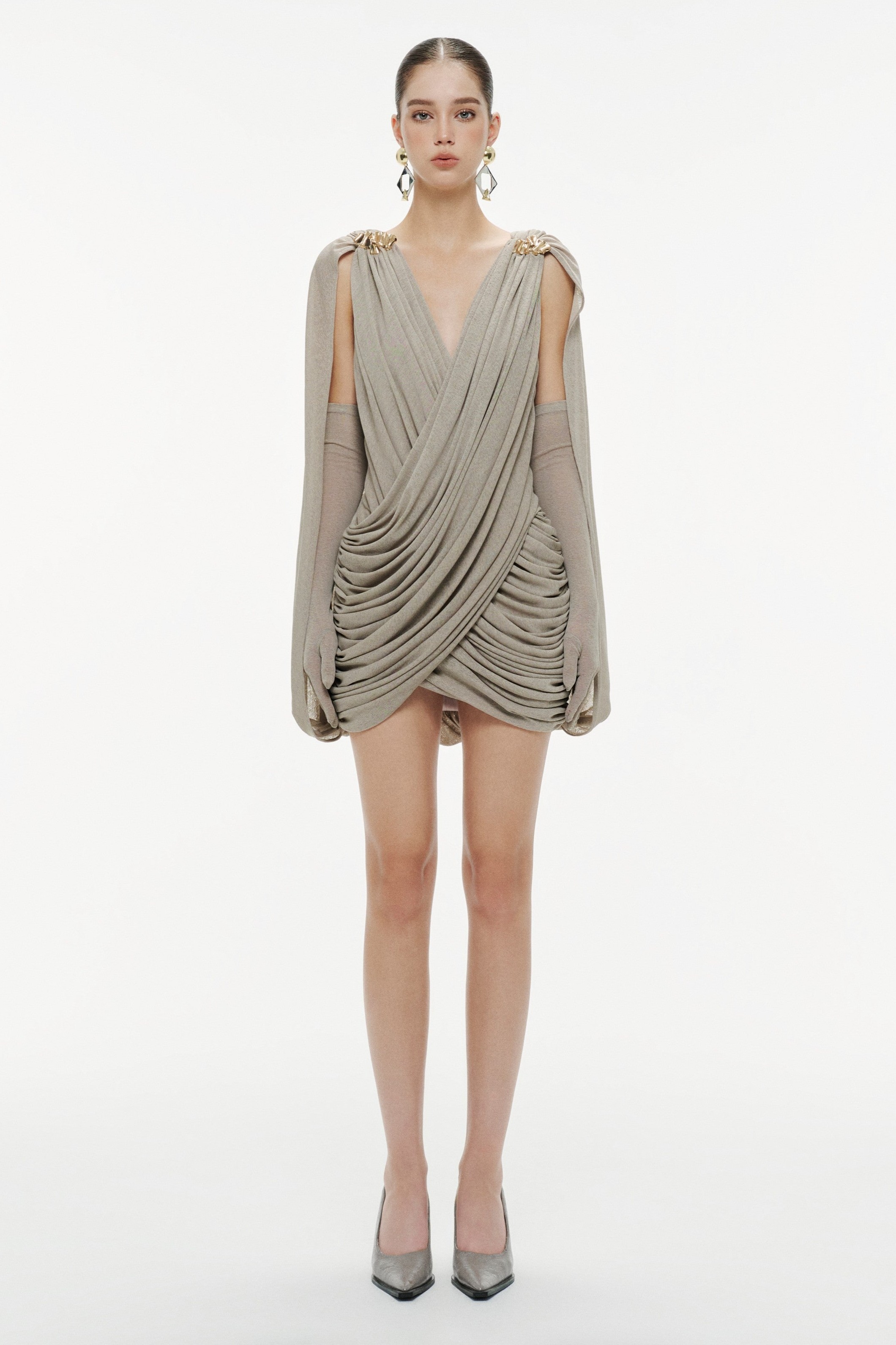 Jersey Gathering Metal Decorations  Mini Dress With Gloves