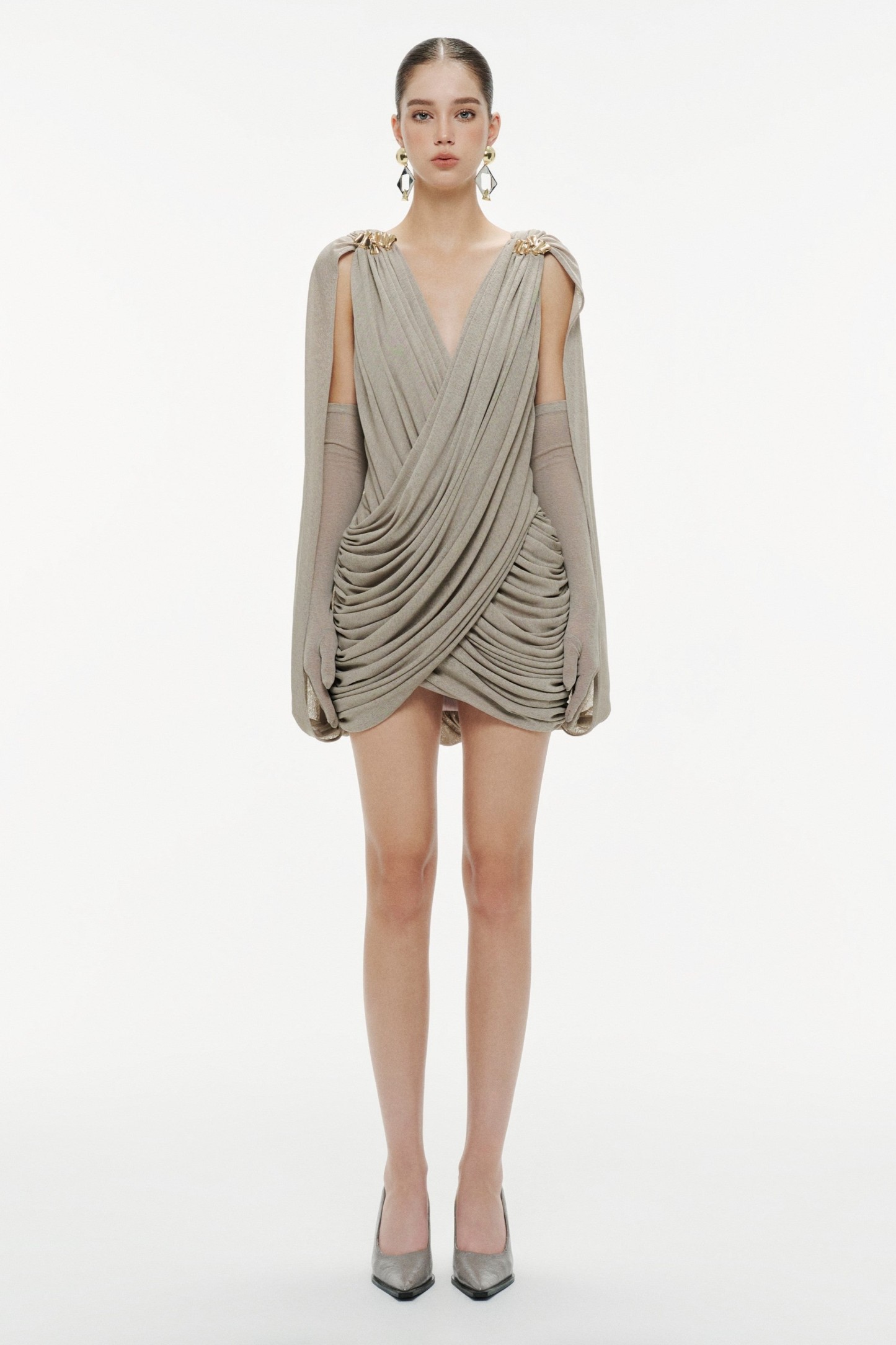 Jersey Gathering Metal Decorations  Mini Dress With Gloves
