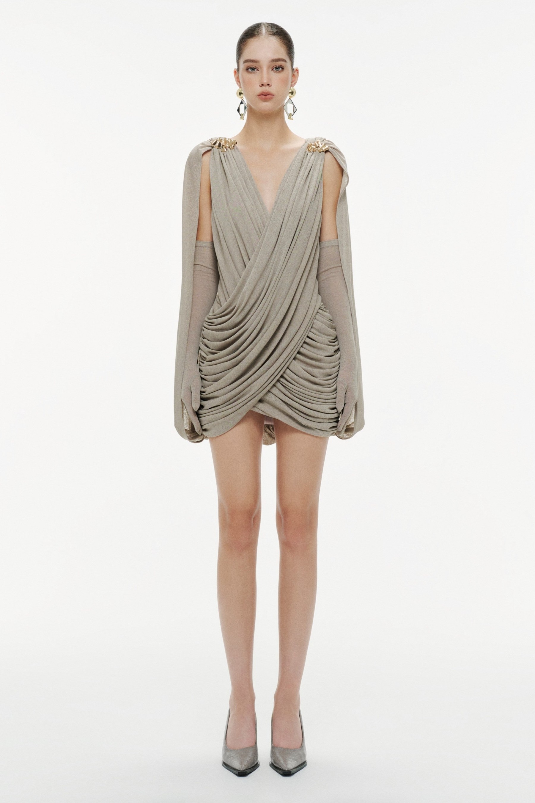 Jersey Gathering Metal Decorations  Mini Dress With Gloves