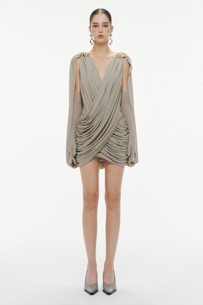 Jersey Gathering Metal Decorations  Mini Dress With Gloves
