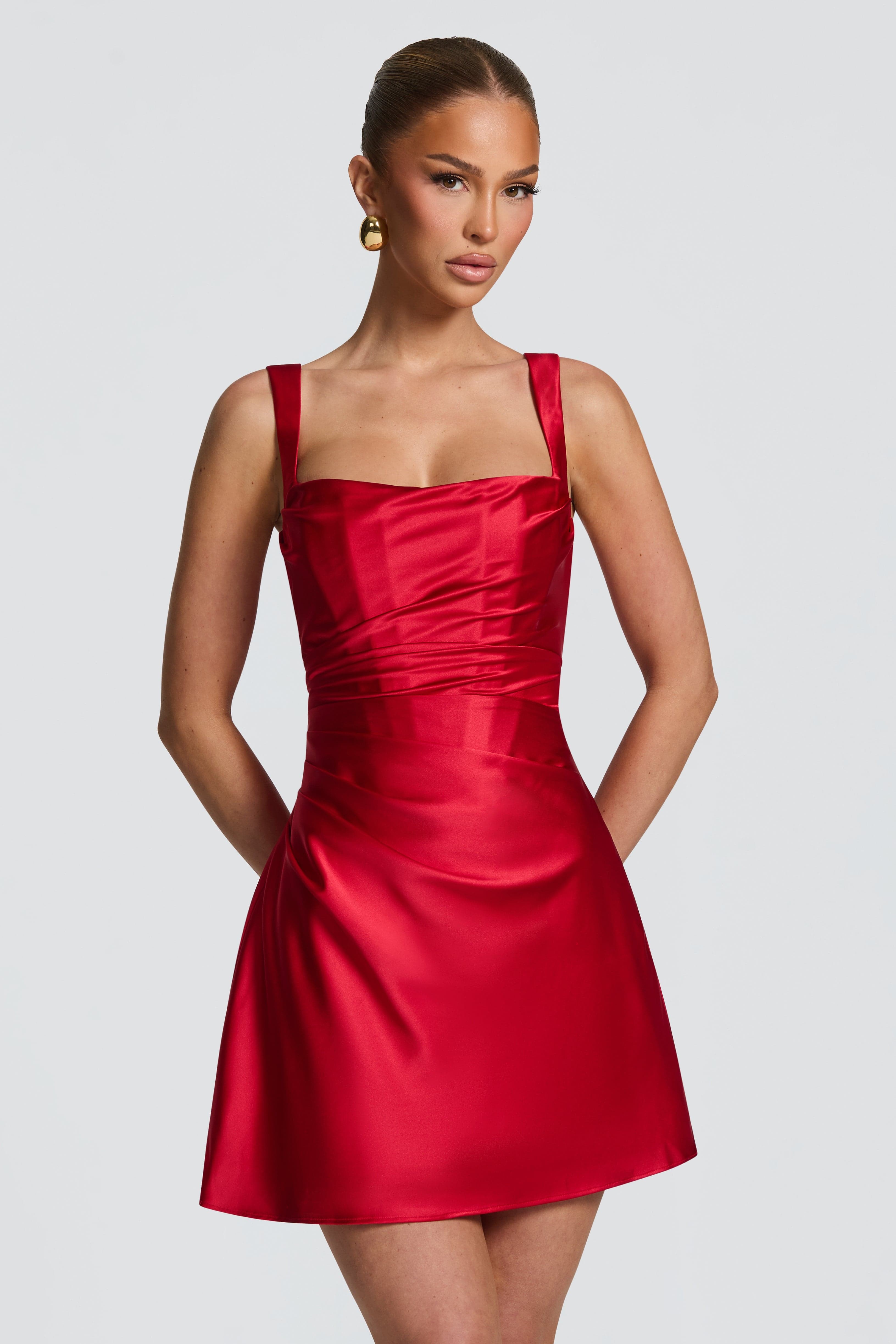 Satin Tie-Up Square Collar Mini Dress