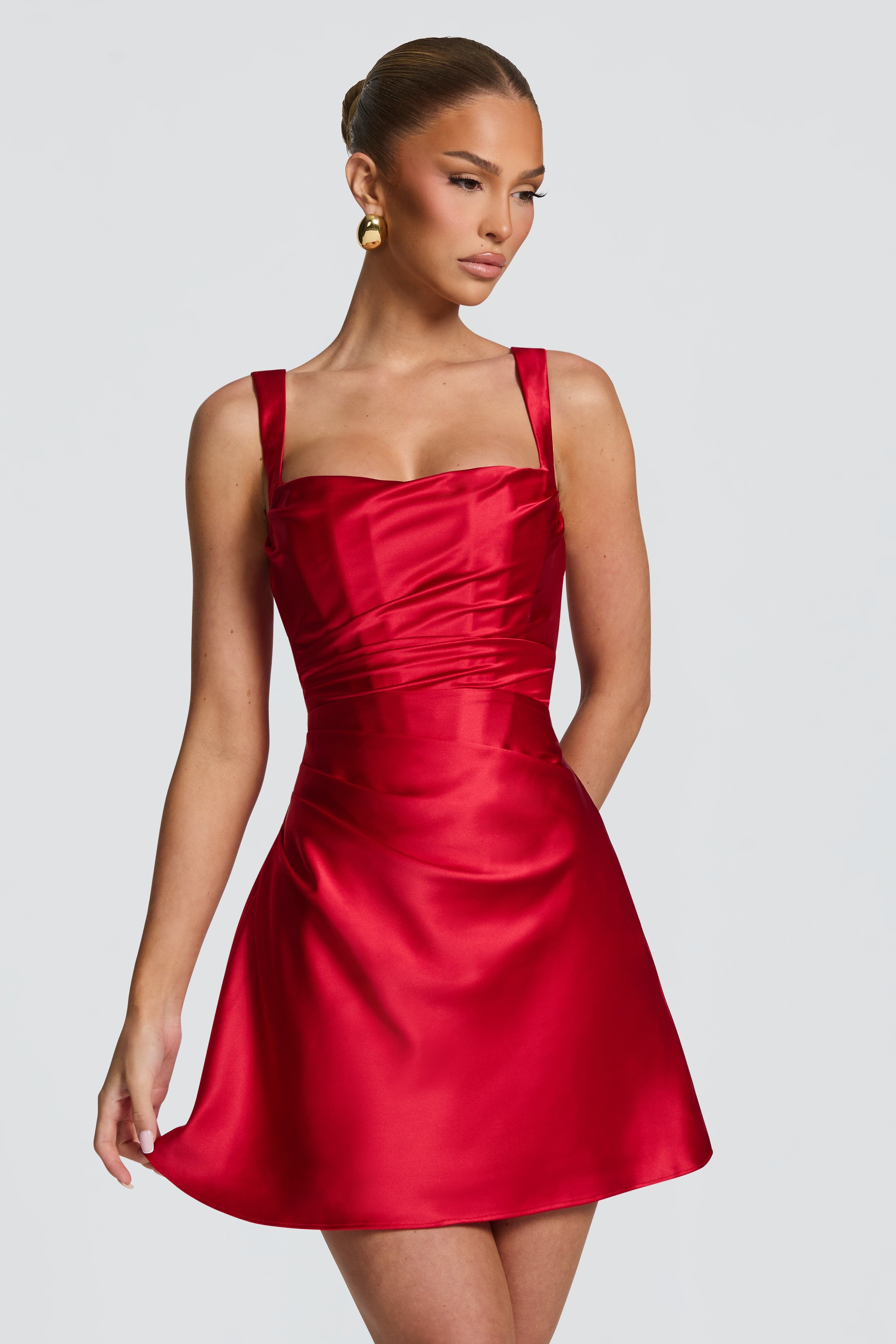 Satin Tie-Up Square Collar Mini Dress