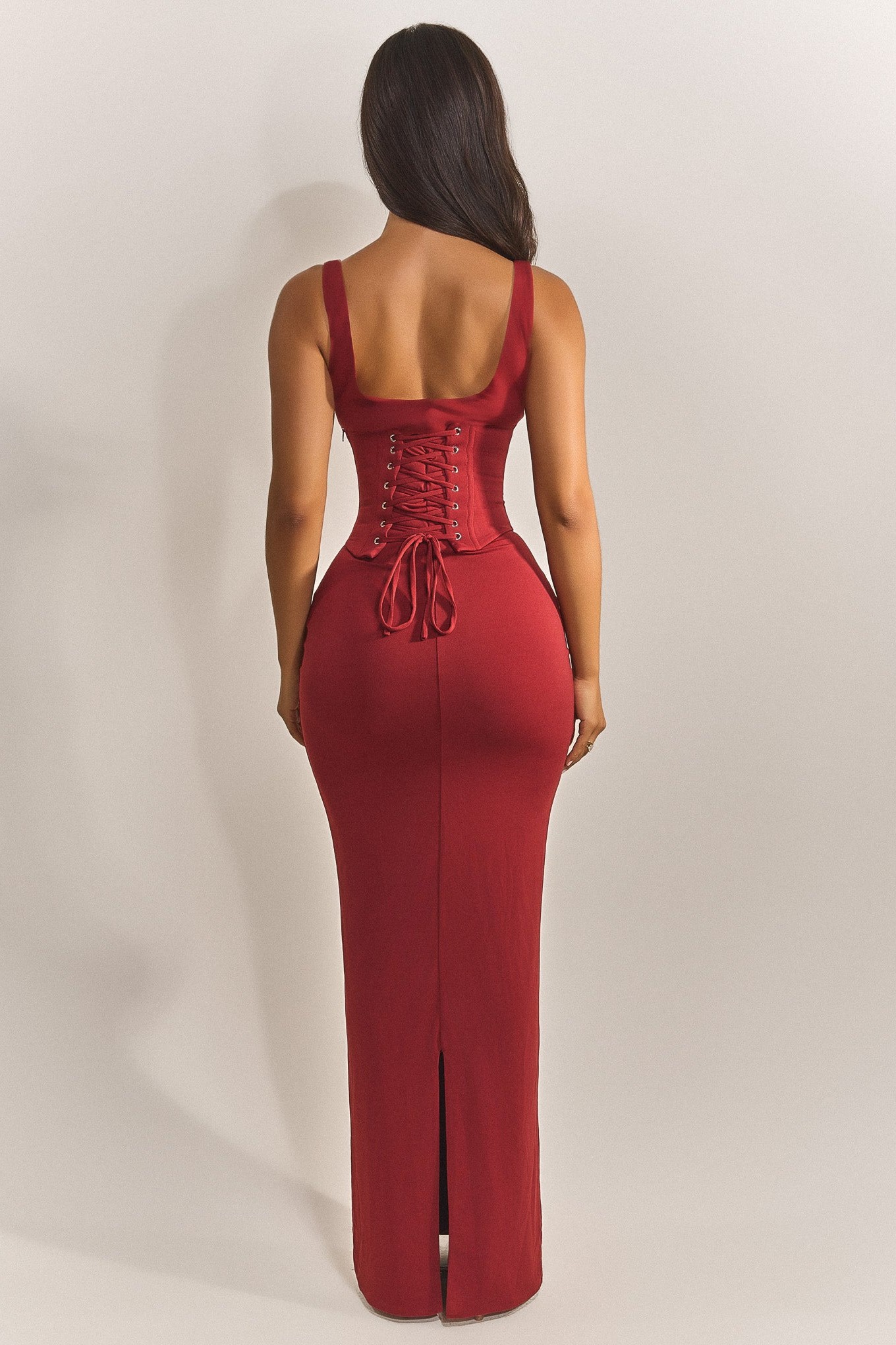 Solid Jersey Slit Dress With Tie-Up Corset