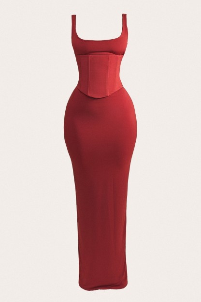 Solid Jersey Slit Dress With Tie-Up Corset