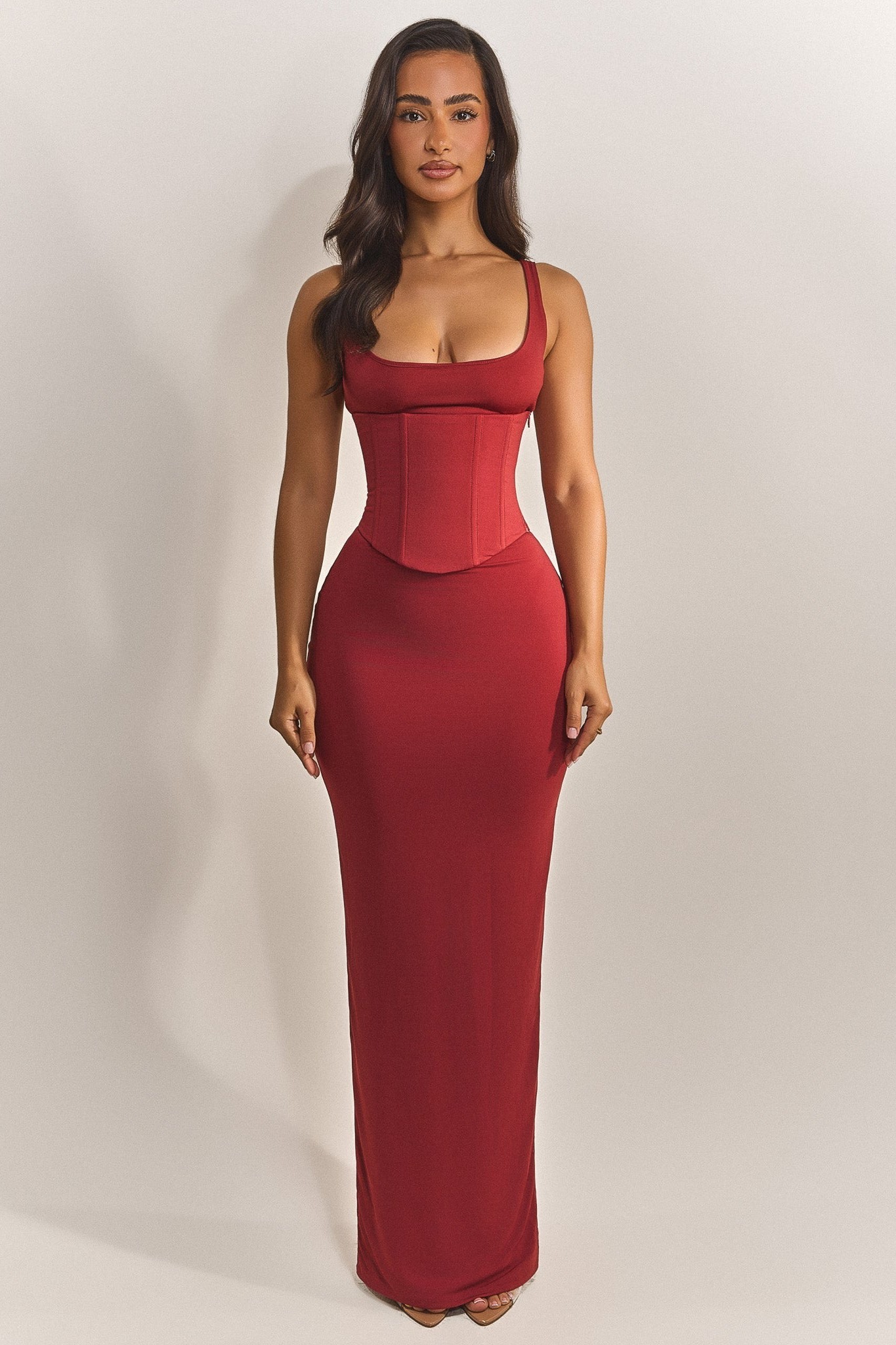 Solid Jersey Slit Dress With Tie-Up Corset