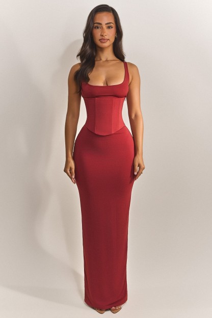 Solid Jersey Slit Dress With Tie-Up Corset