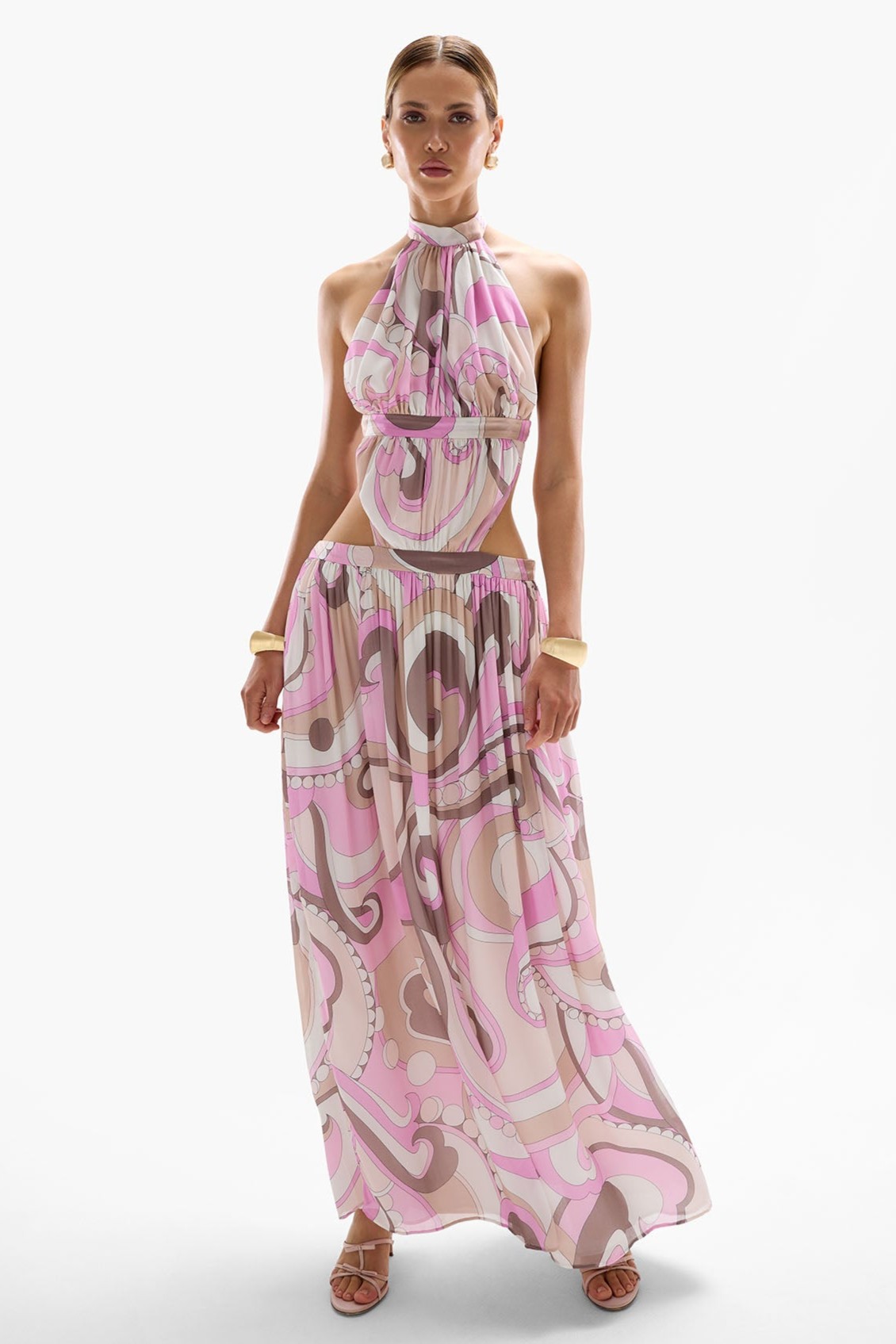 Abstract Print Backless Cut-Out Maxi Dress