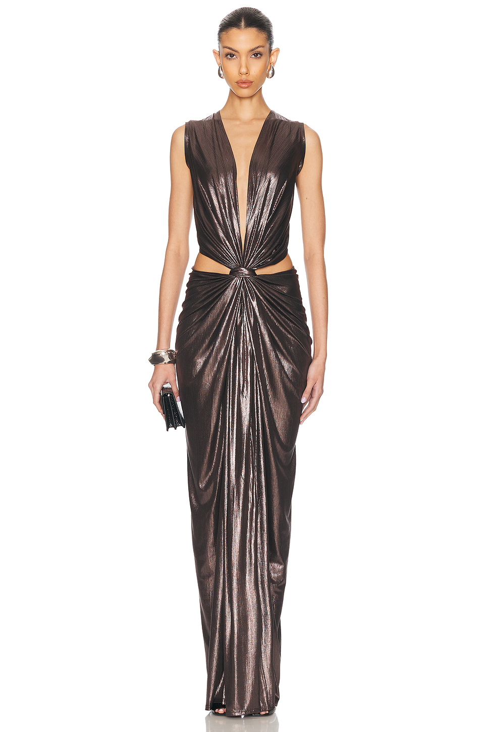 Metallic Fabric Cut-Out V-Neck Maxi Dress