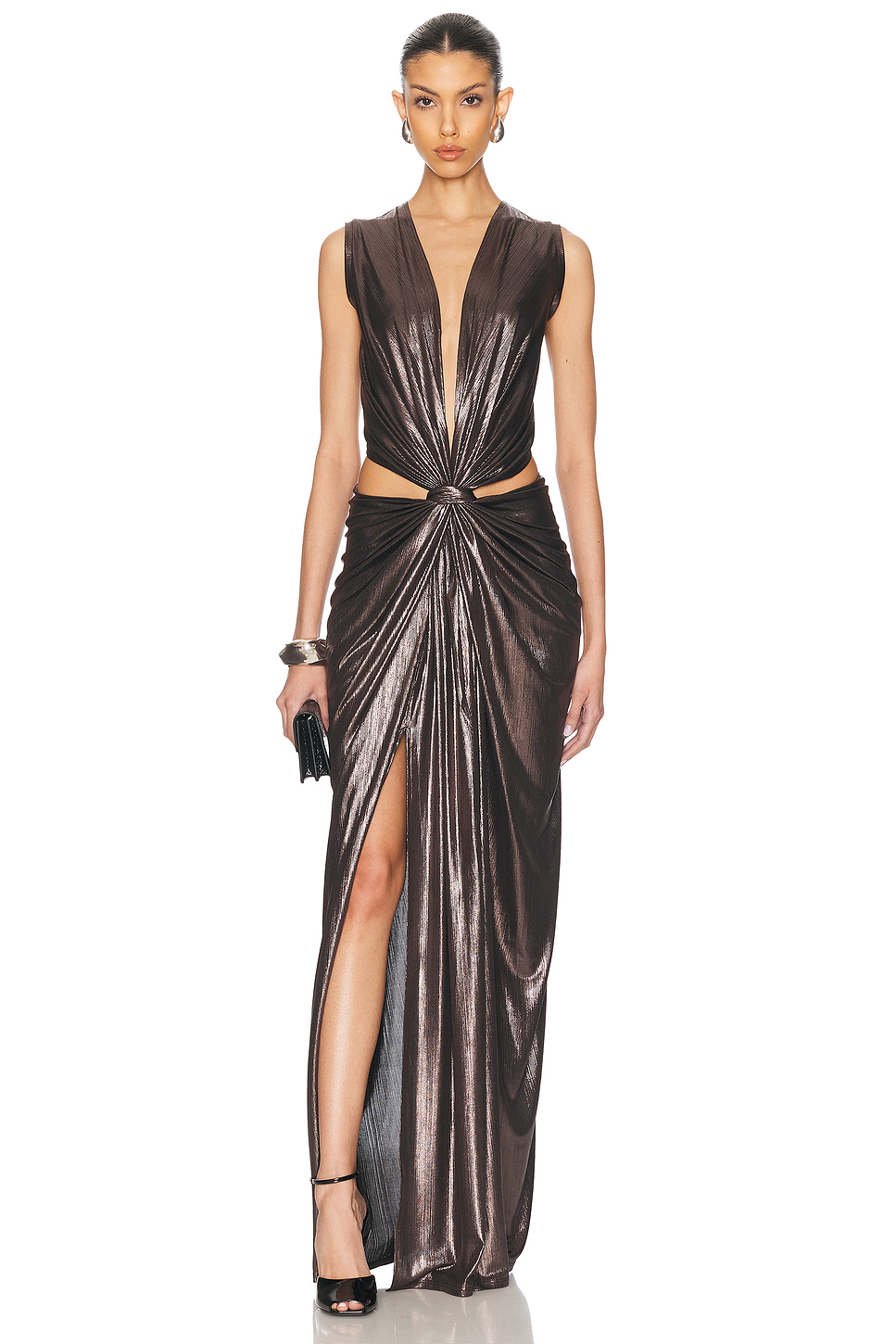 Metallic Fabric Cut-Out V-Neck Maxi Dress