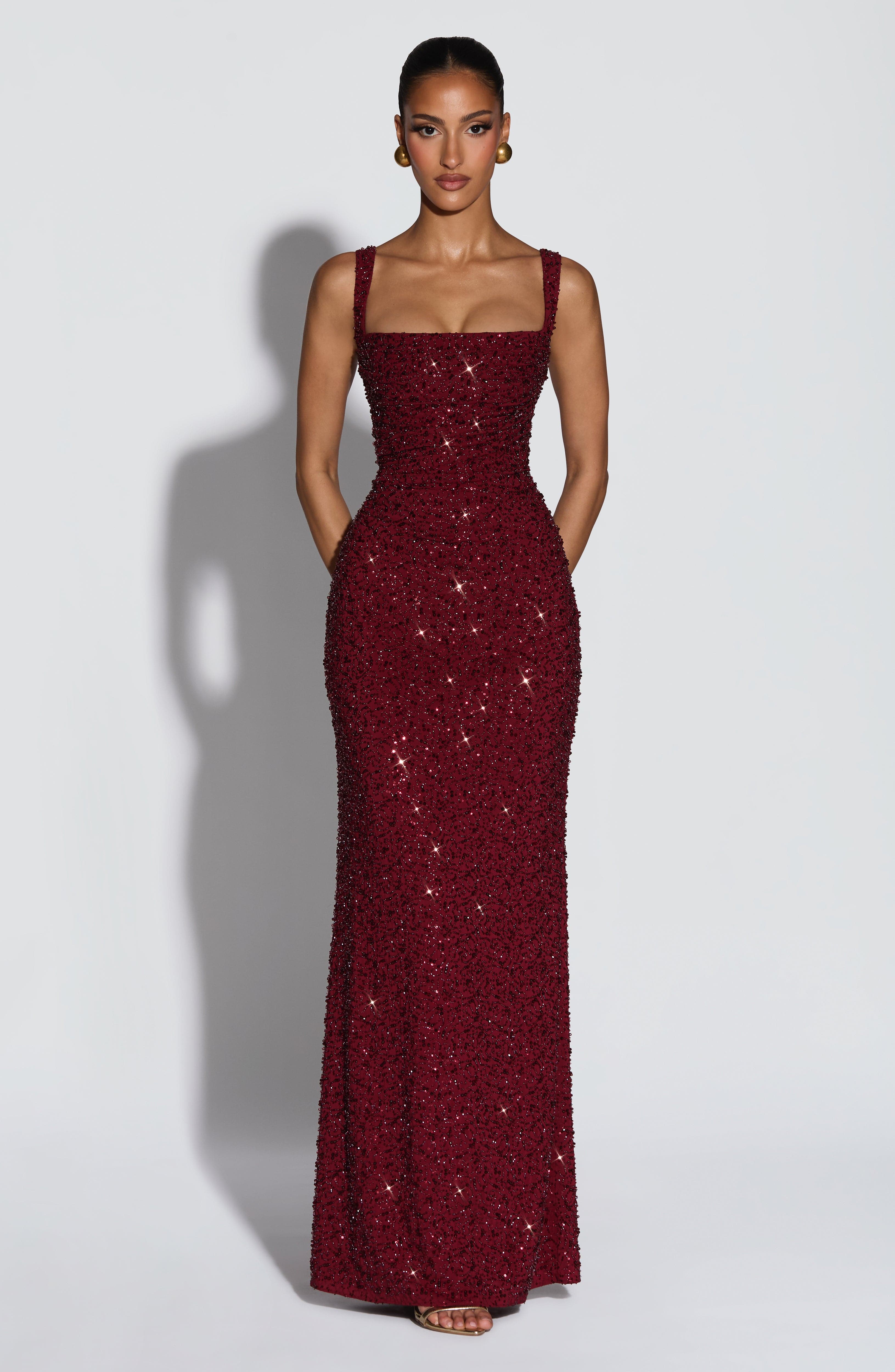 Sequin Tie-Up Square Collar Maxi Dress