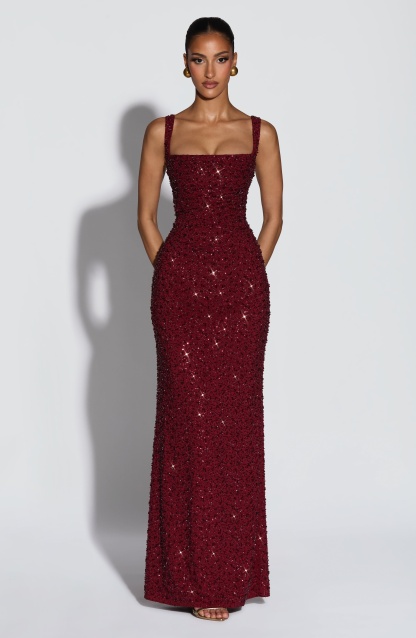 Sequin Tie-Up Square Collar Maxi Dress