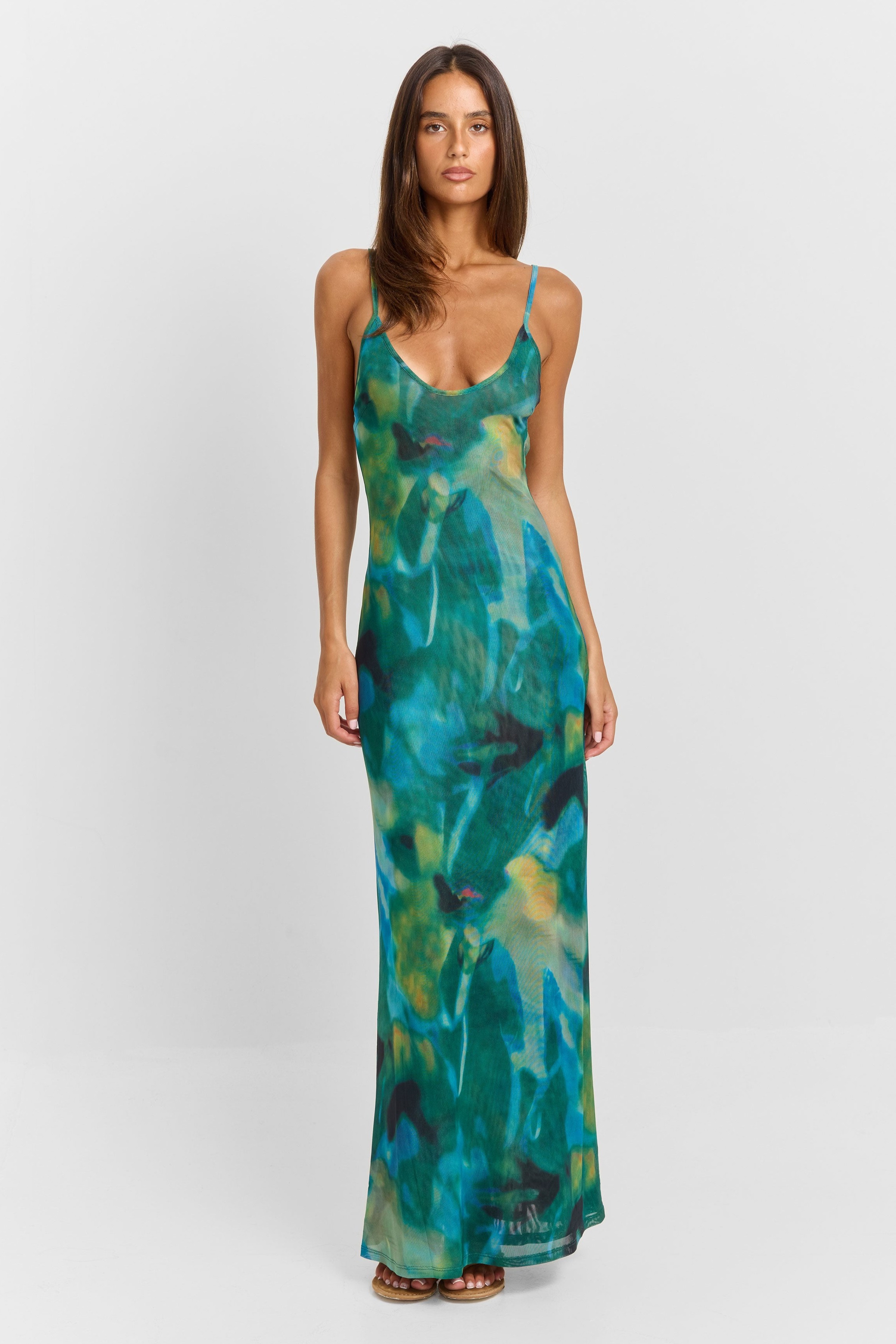 Mesh Abstract Print Sleeveless Maxi Dress