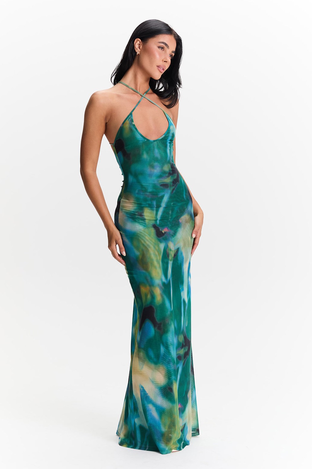Mesh Abstract Print Sleeveless Maxi Dress