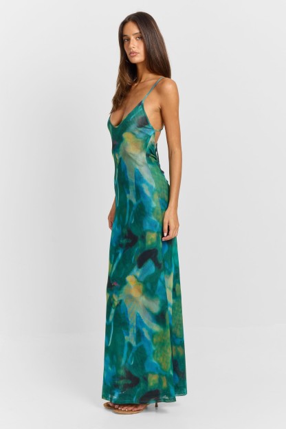 Mesh Abstract Print Sleeveless Maxi Dress