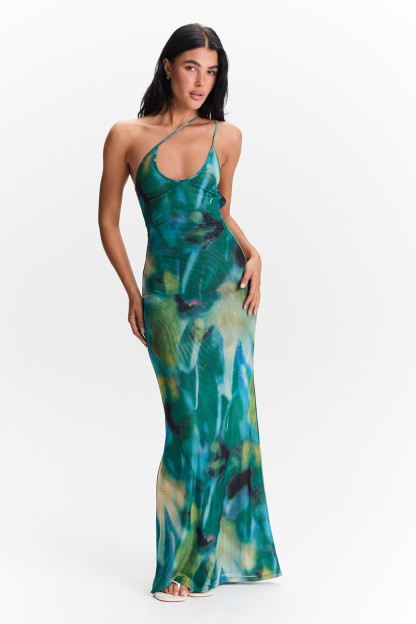 Mesh Abstract Print Sleeveless Maxi Dress