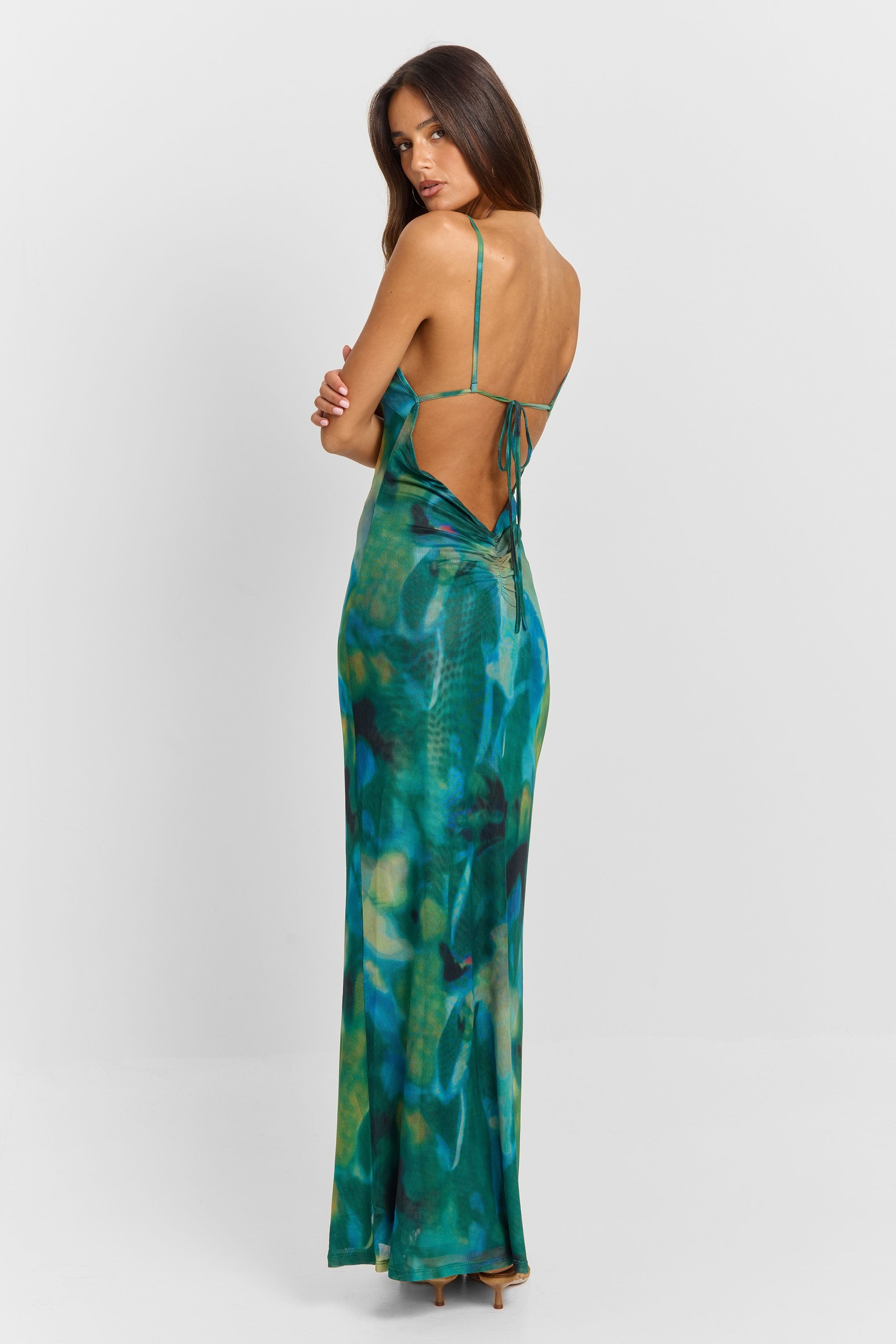 Mesh Abstract Print Sleeveless Maxi Dress