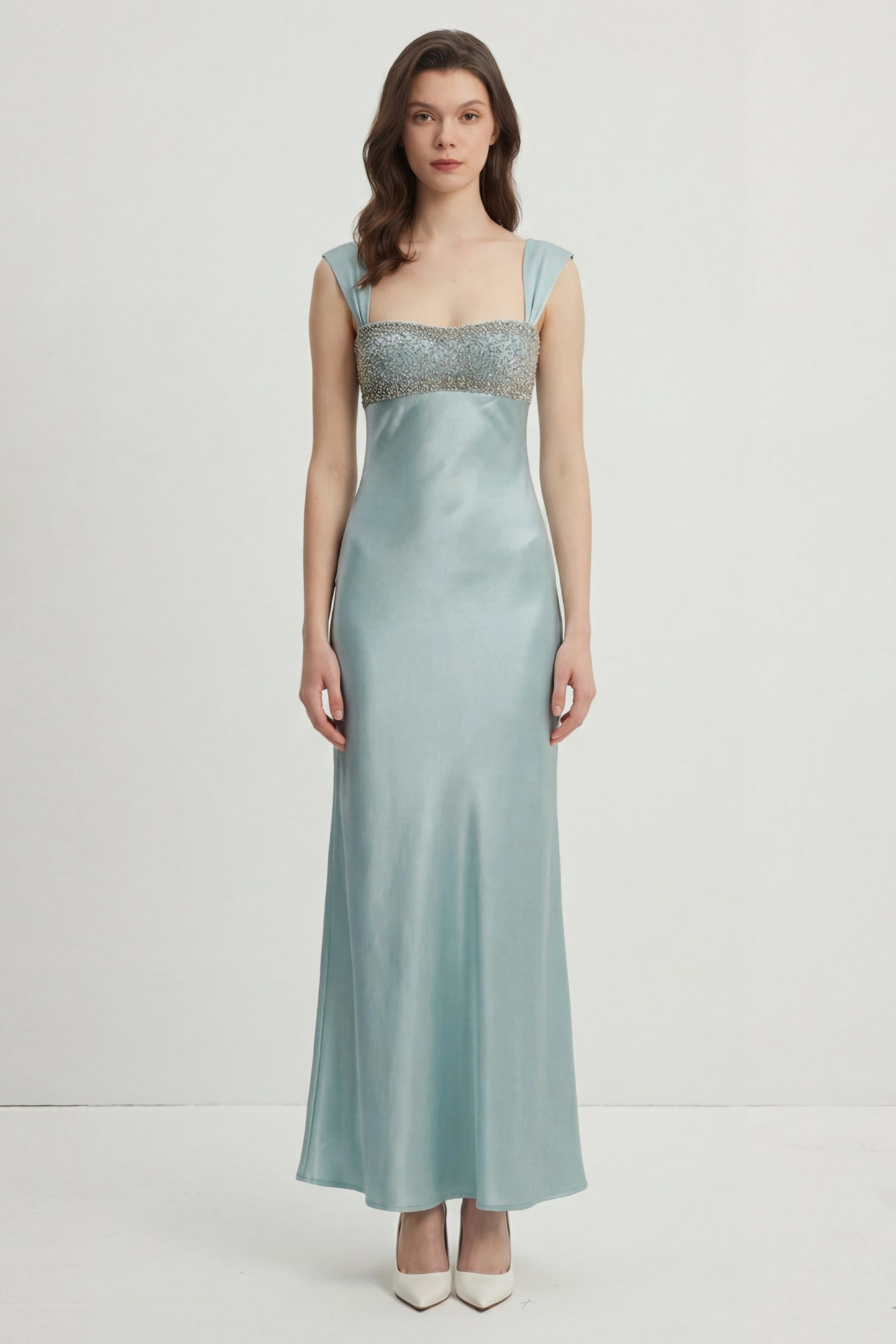 Satin Rhinestone Square Collar Maxi Dress