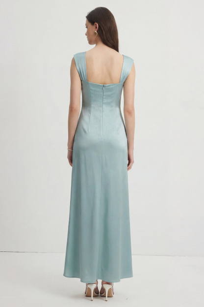 Satin Rhinestone Square Collar Maxi Dress