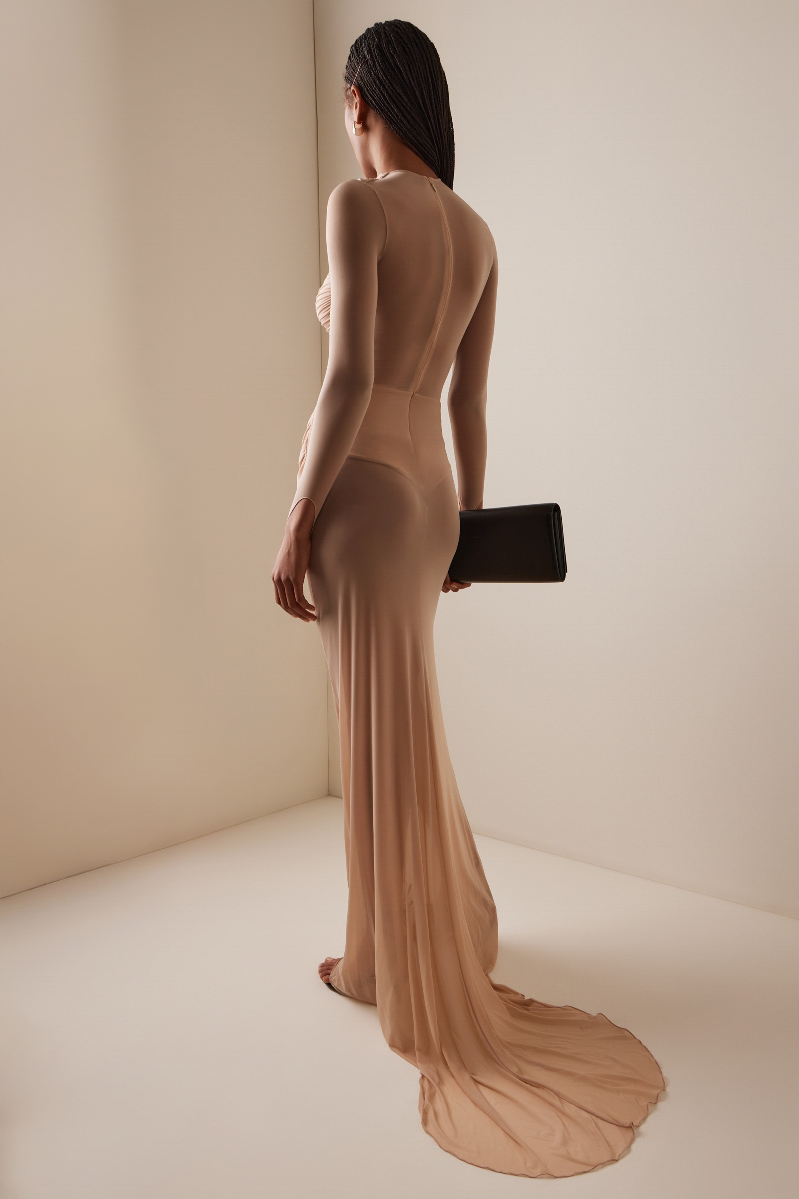 Mesh Long Sleeve Ruched Maxi Dress