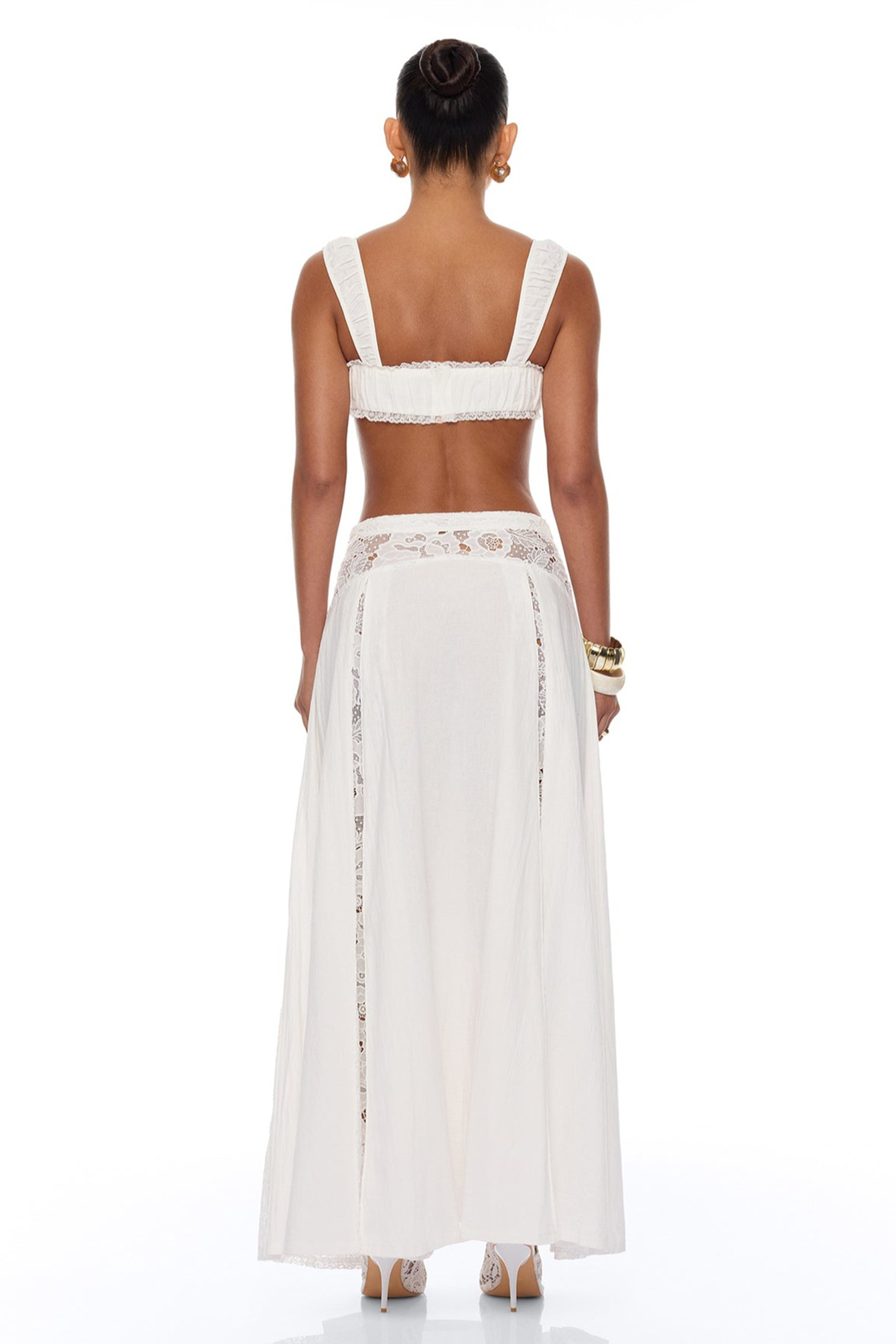 Lace Square Collar Tie-UpTop & Low Waist Maxi Skirt Set