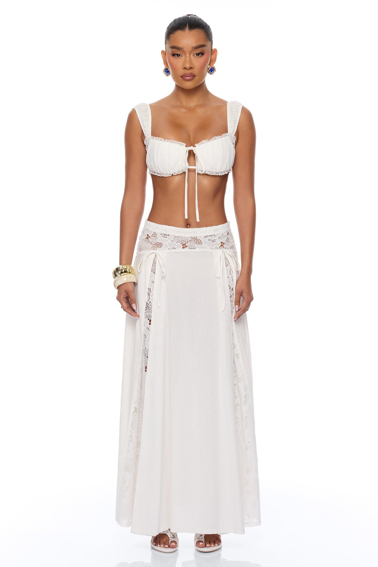 Lace Square Collar Tie-UpTop & Low Waist Maxi Skirt Set