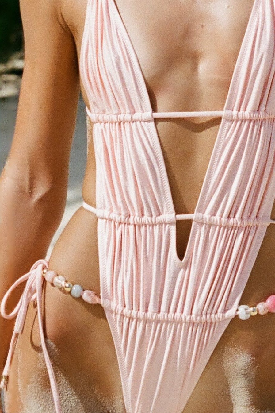 Cut-Out Beaded Shirring One Piece Swimsuit