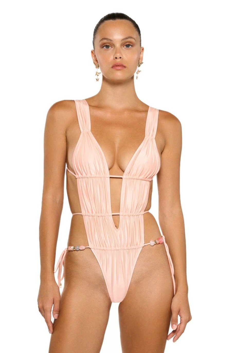 Cut-Out Beaded Shirring One Piece Swimsuit