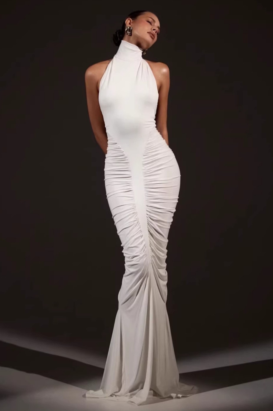 High Neck Ruched Solid Maxi Dress